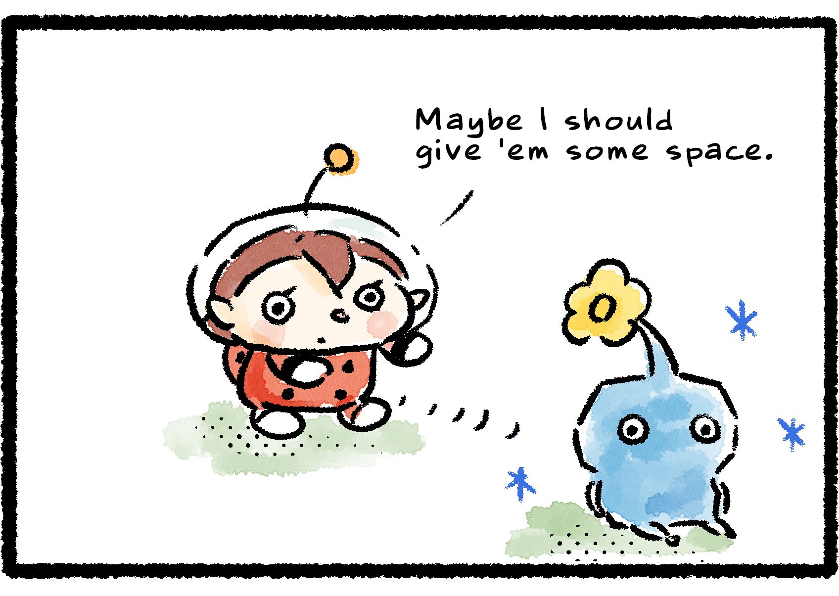 Panel three. The Rescue Officer slowly backs away from the Ice Pikmin, who is now casually sitting in the grass, unaware of the officer's concern. The officer whispers to herself, "Maybe I should give 'em some space."