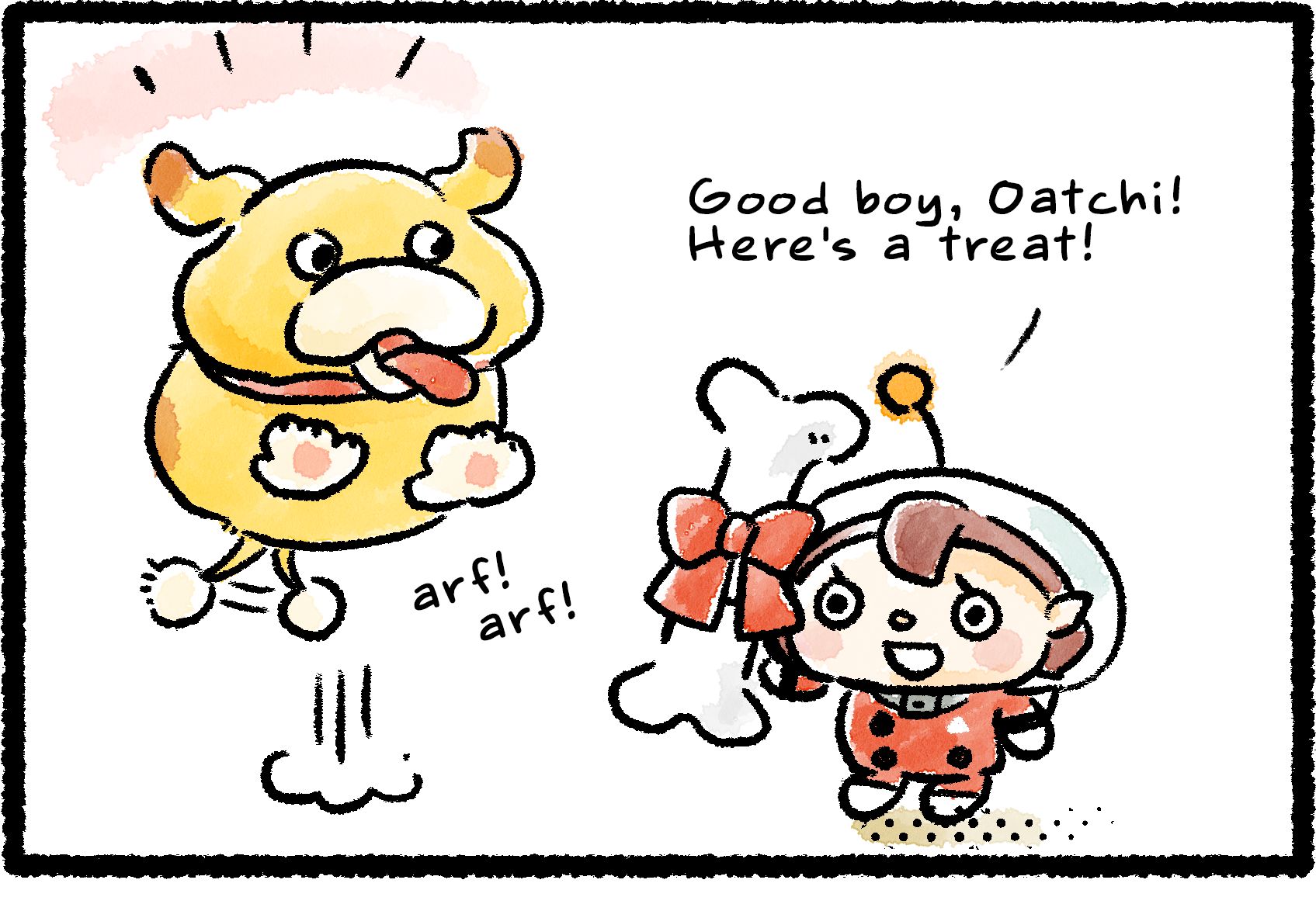 Panel one. Newbie Rescue Officer holds up a large Scrummy Bone for Oatchi, who leaps with joy. She says, "Good boy, Oatchi! Here's a treat!" Oatchi excitedly barks, "Arf! Arf!"