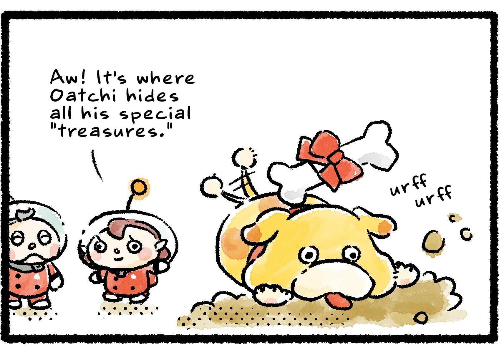 Panel two. Collin, a senior Rescue Officer with a dour face and a tuft of gray hair, stands beside newbie Rescue Officer. They watch as Oatchi diligently digs a hole in the dirt nearby. Newbie says "Aw! It's where Oatchi hides all his special 'treasures.'"