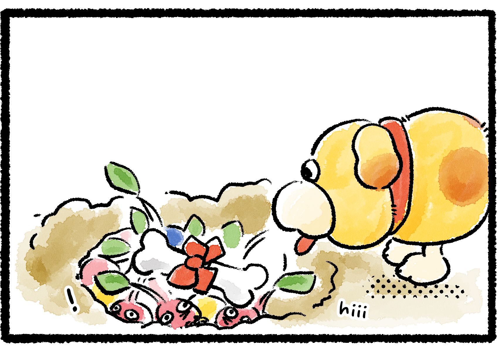 Panel 3. Oatchi's finished digging up his hiding spot. It's a hole in the ground filled with asst. items, including Red Pikmin, who have been waiting for him to return. One of the Red Pikmin squeaks out, "Hii." He tosses the Scrummy Bone on the pile.