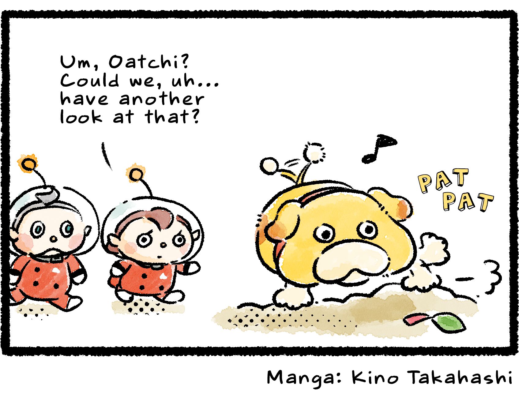 Panel four. Oatchi covers up his special spot with dirt and pats the ground with his tail. Meanwhile, Collin and newbie Rescue Officer look on, concerned. Newbie asks, "Um, Oatchi? Could we, uh...have another look at that?"