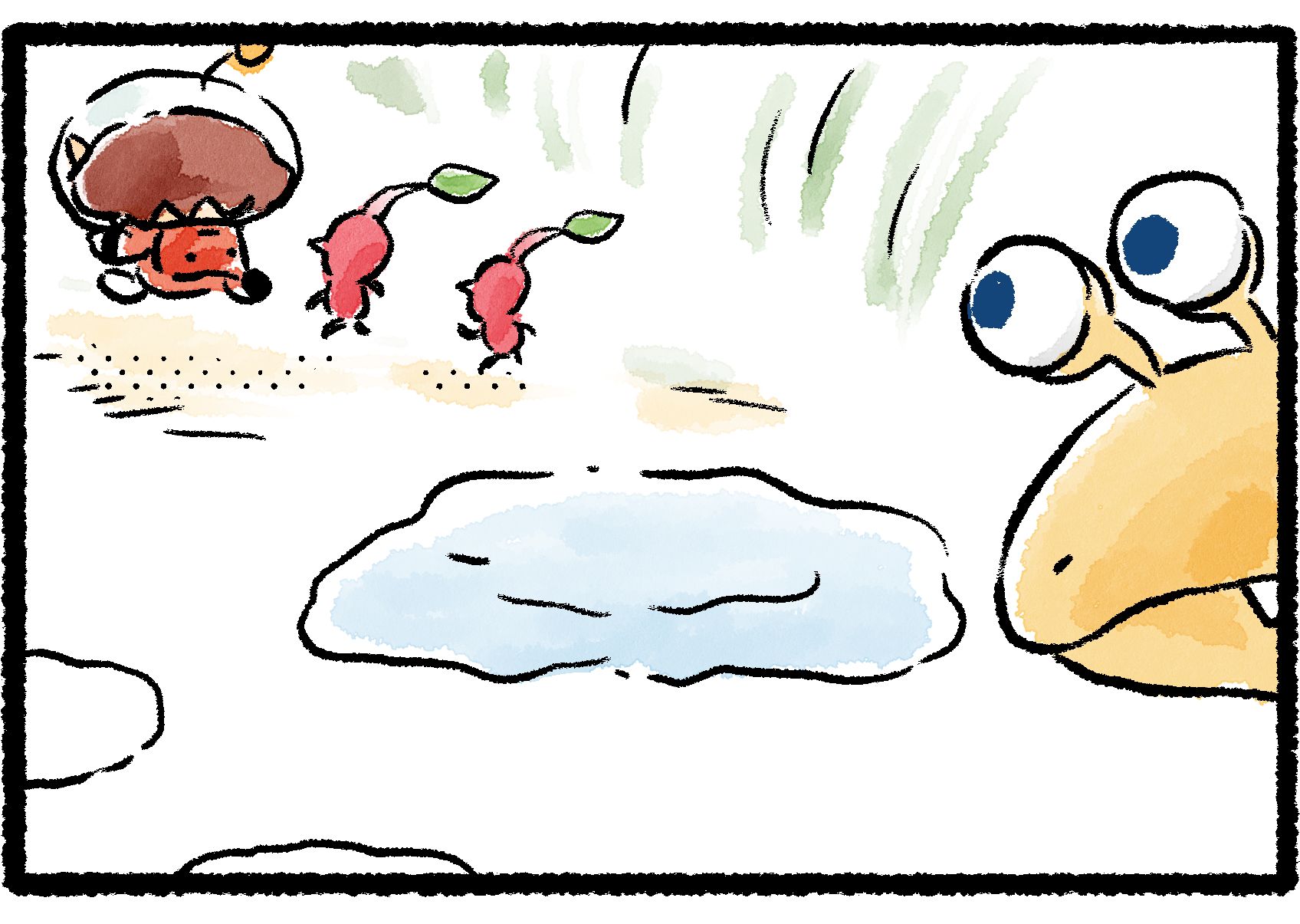 Panel three. The Rescue Officer and now recovered Red Pikmin walk away from the puddle. A Bulborb creeps out from the shadows and watches them depart.