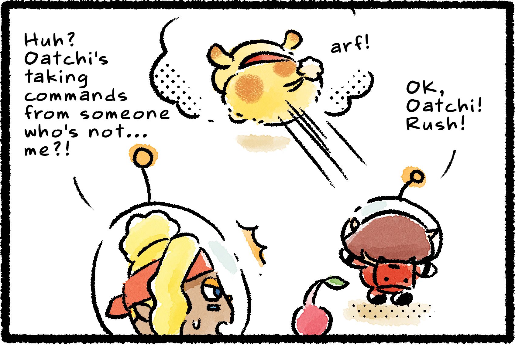 Panel 1. Captain Shepherd watches as newbie Rescue Officer gives Oatchi a command. Newbie yells, "OK, Oatchi! Rush!" Oatchi responds with a bark and immediately obeys. Shepherd mutters to herself, "Huh? Oatchi's taking commands from someone who's not me?!"