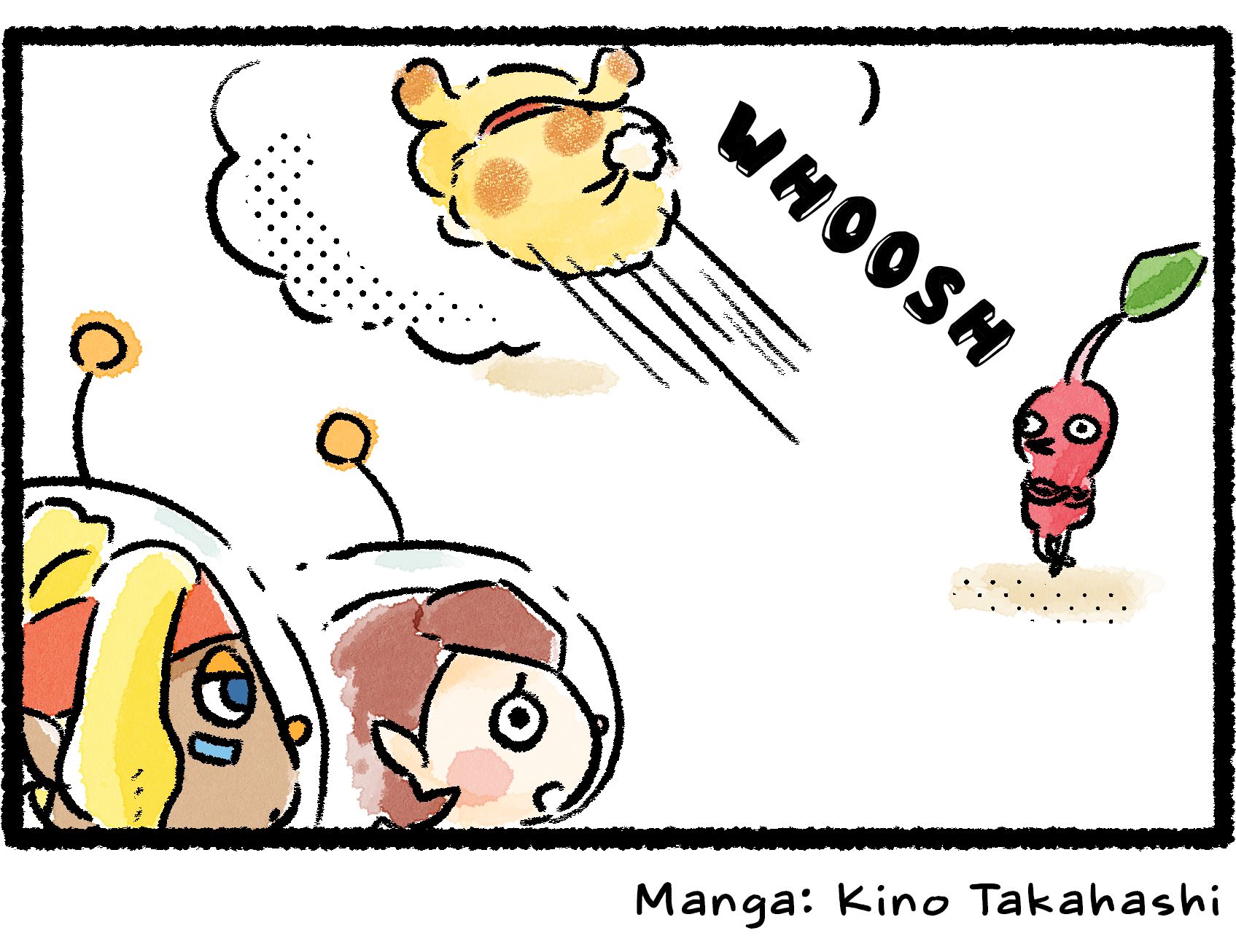 Panel four. With a speedy WHOOSH, Oatchi obediently runs off in the direction the Pikmin indicated. Captain Shepherd and the newbie look on, stunned and amazed...and slightly insulted.