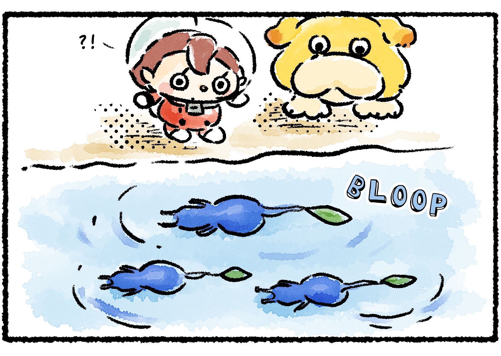 Panel two. A Rescue Officer and Oatchi stand on the riverbank, looking on with concern at the three Blue Pikmin floating face down in the water.