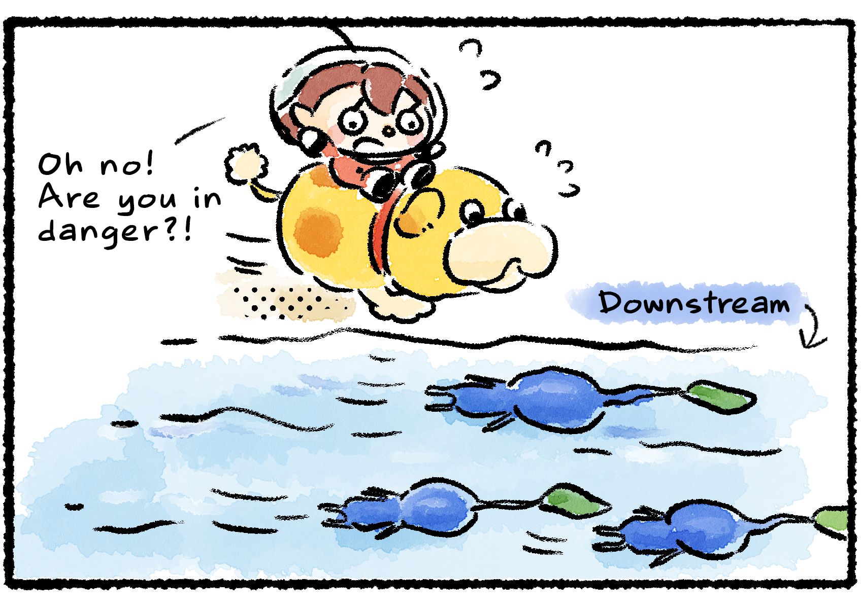 Panel three. The Rescue Officer, riding Oatchi, follows the river downstream to keep up with the floating Blue Pikmin. "Oh no!" she says. "Are you in danger?!"