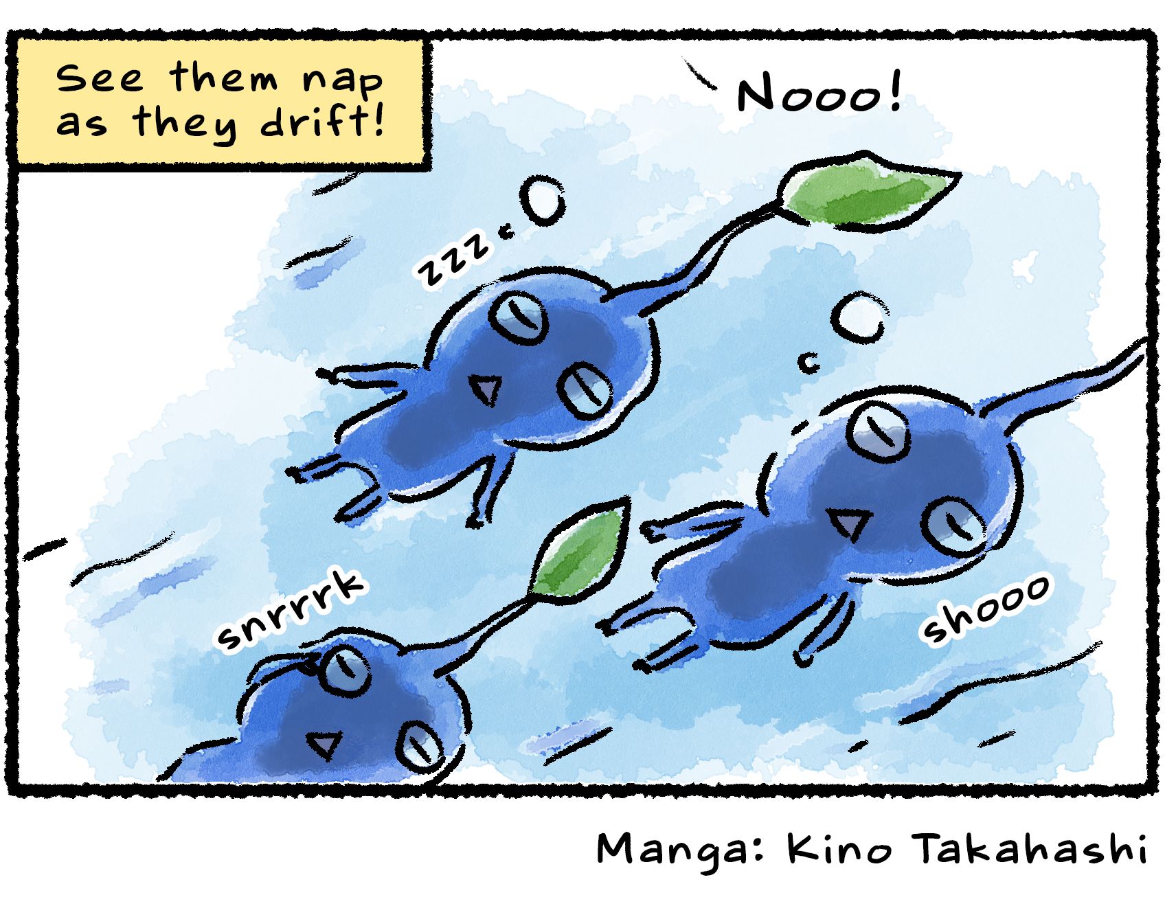 Panel four. Viewed from below, the Blue Pikmin are actually snoozing in the water. Descriptive text reads, "See them nap as they drift!"