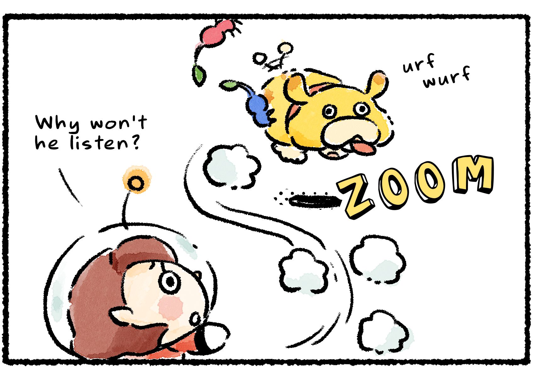 Panel two. Oatchi zooms around aimlessly, ignoring the Rescue Officer, who wonders, "Why won't he listen?" The Red Pikmin clinging to Oatchi goes flying.