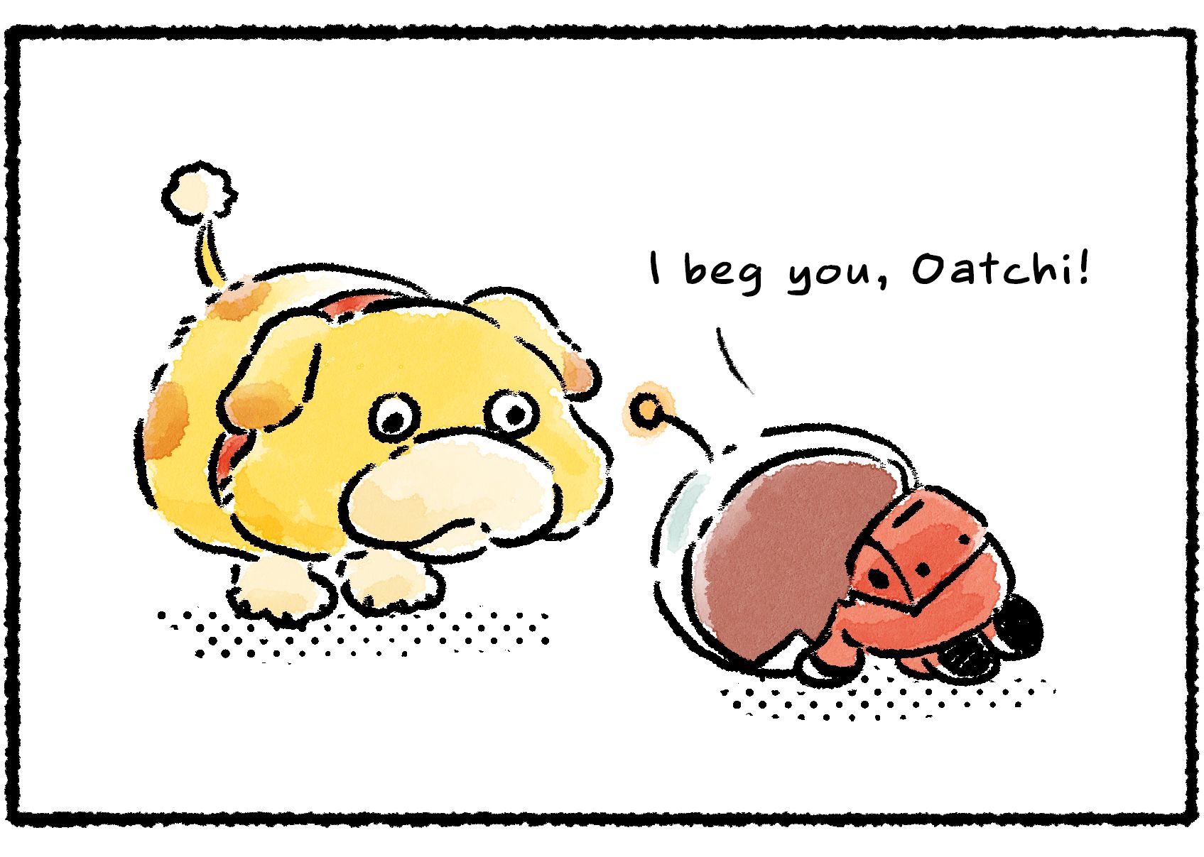 Panel three. The Rescue Officer gets on hands and knees and bows deeply to Oatchi. "I beg you, Oatchi!"