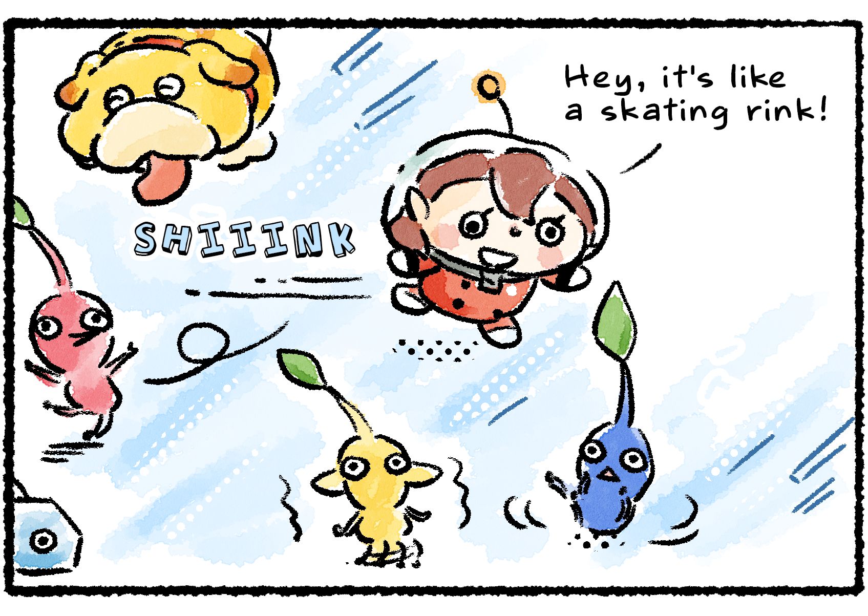 Panel three. "Hey," the Rescue Officer says, "it's like a skating rink!" She slides around on the ice with a Red and Blue Pikmin, while a Yellow Pikmin shivers from the cold and Oatchi licks the ice.