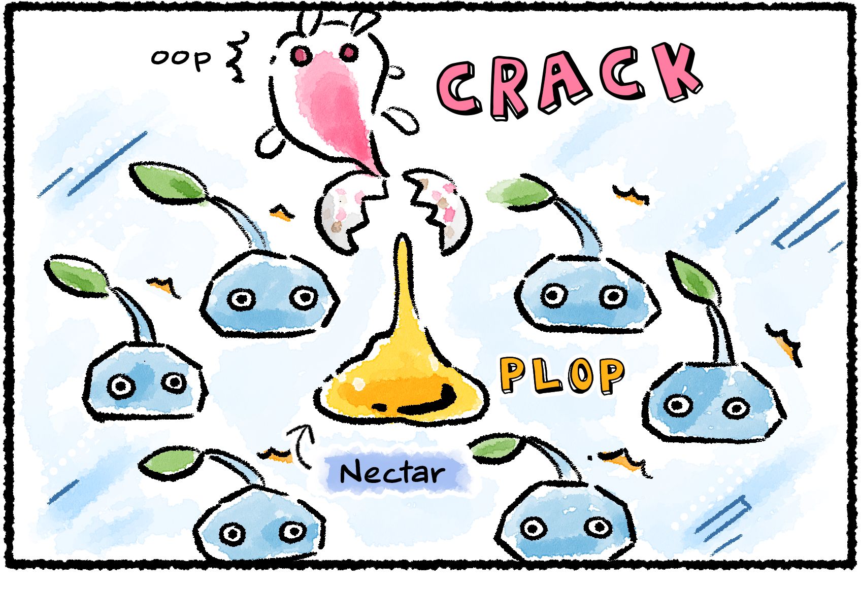 Panel one. A honeywisp's egg cracks open over a circle of Ice Pikmin sitting in a body of ice. The glob of nectar lands right in the middle of the Pikmin.