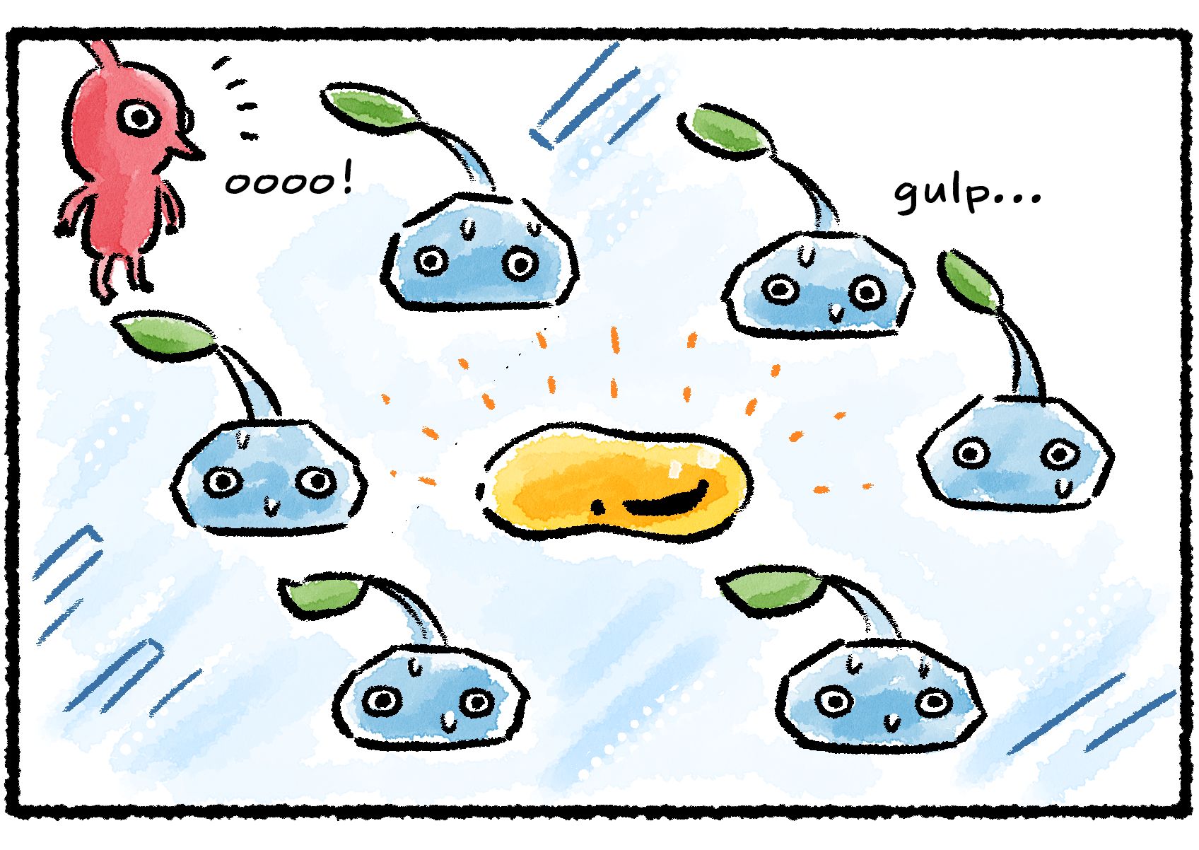 Panel two. As the Ice Pikmin stare longingly at the nectar that they can't reach, a Red Pikmin stumbles onto the scene, saying "oooo!" at the sight of the nectar.