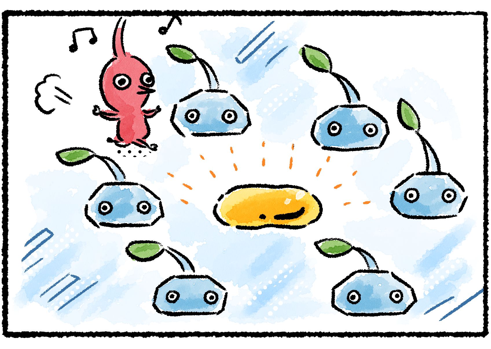 Panel three. While the Ice Pikmin are unable to move, the Red Pikmin goes running over to the nectar.