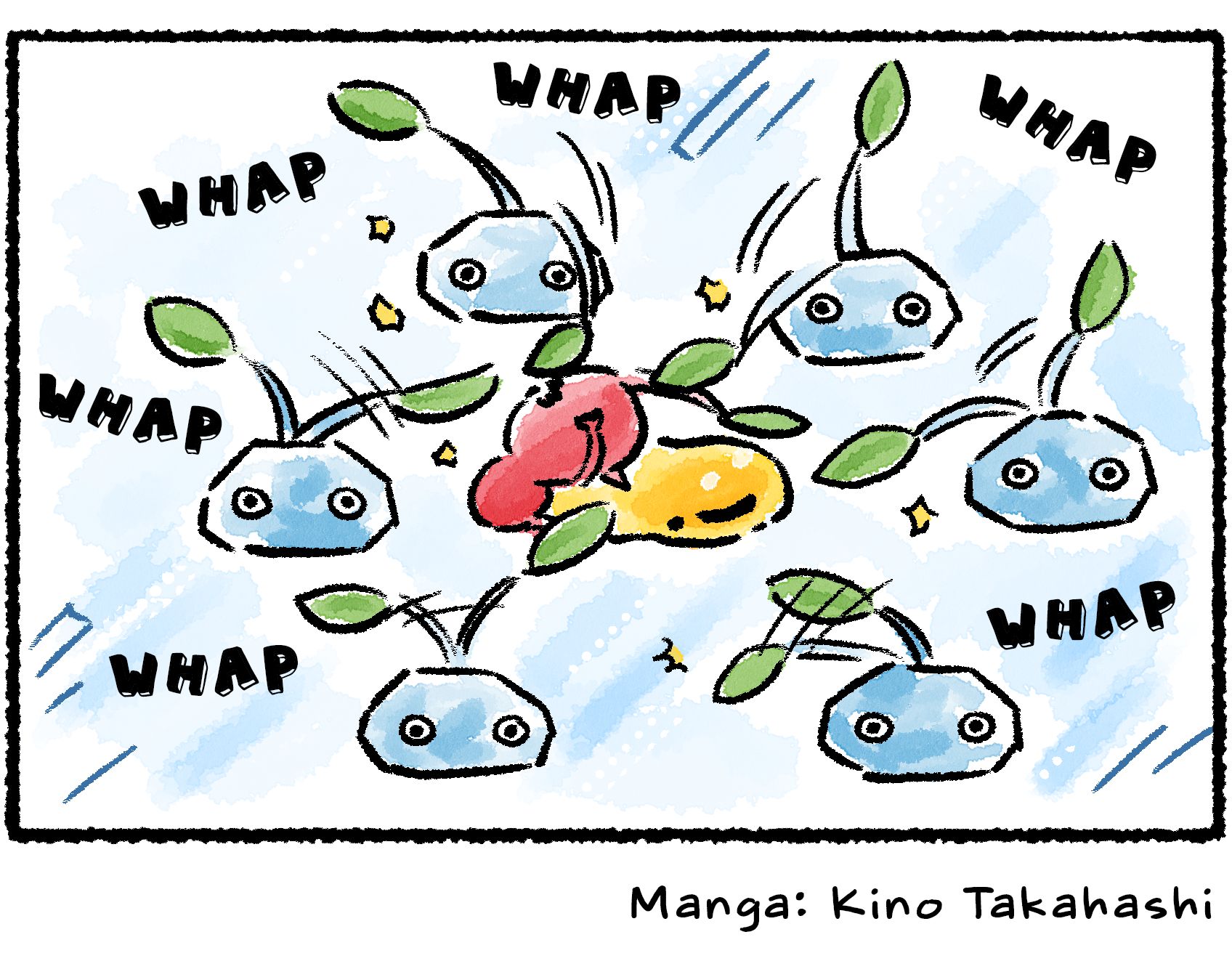 Panel four. As the Red Pikmin gulps up the nectar, the envious Ice Pikmin all whack at it with their leaves.