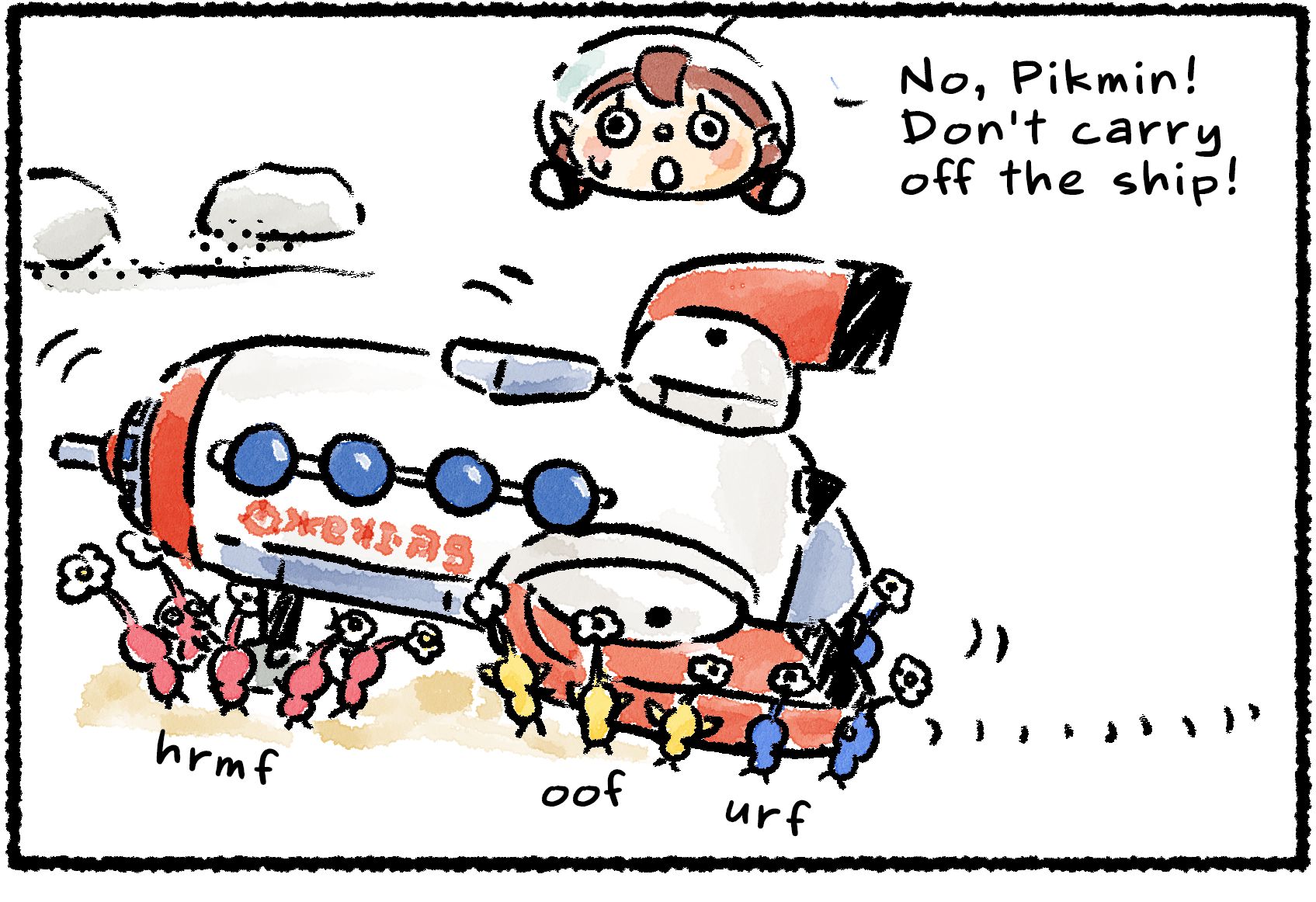 Panel one. A herd of Pikmin appear to be carrying the S.S. Shepherd away. A Rescue Officer's face appears at the top of the panel, saying, "No, Pikmin! Don't carry off the ship!"