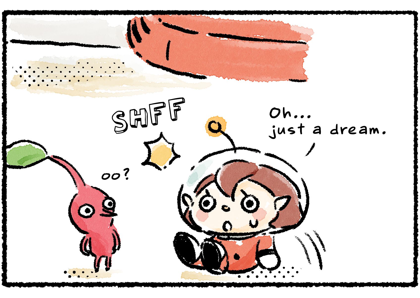 Panel two. The Rescue Officer wakes up on the ground, with a confused Red Pikmin nearby. The Rescue Officer says, "Oh...just a dream."