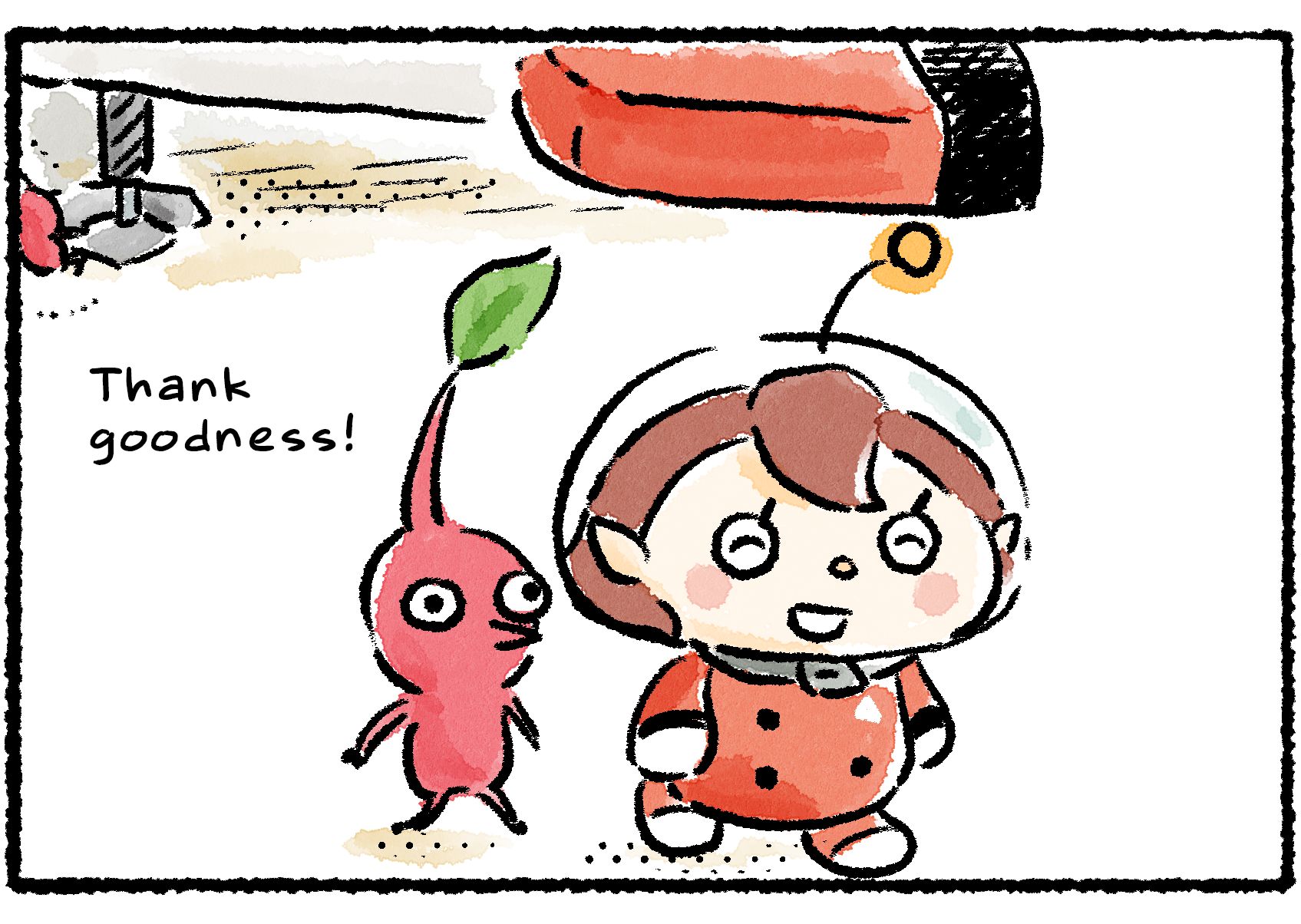 Panel three. Relieved, the Rescue Officer says "Thank goodness!" and walks off with the Red Pikmin, smiling. Behind her, at the edge of the panel, the ship's frame is barely in view, with a portion of another Red Pikmin's body just barely in frame.