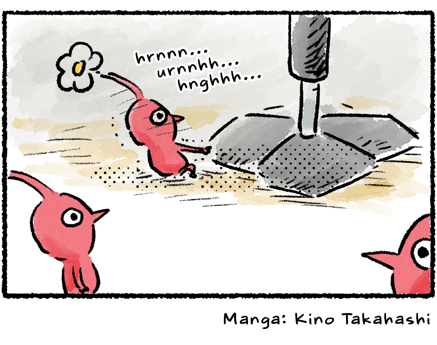 Panel four. Back at the S.S. Shepherd, the Pikmin from the edge of frame in panel three is tugging on the ship's landing gear. Other Pikmin gather nearby in curiosity. It seems that dream might yet come true.