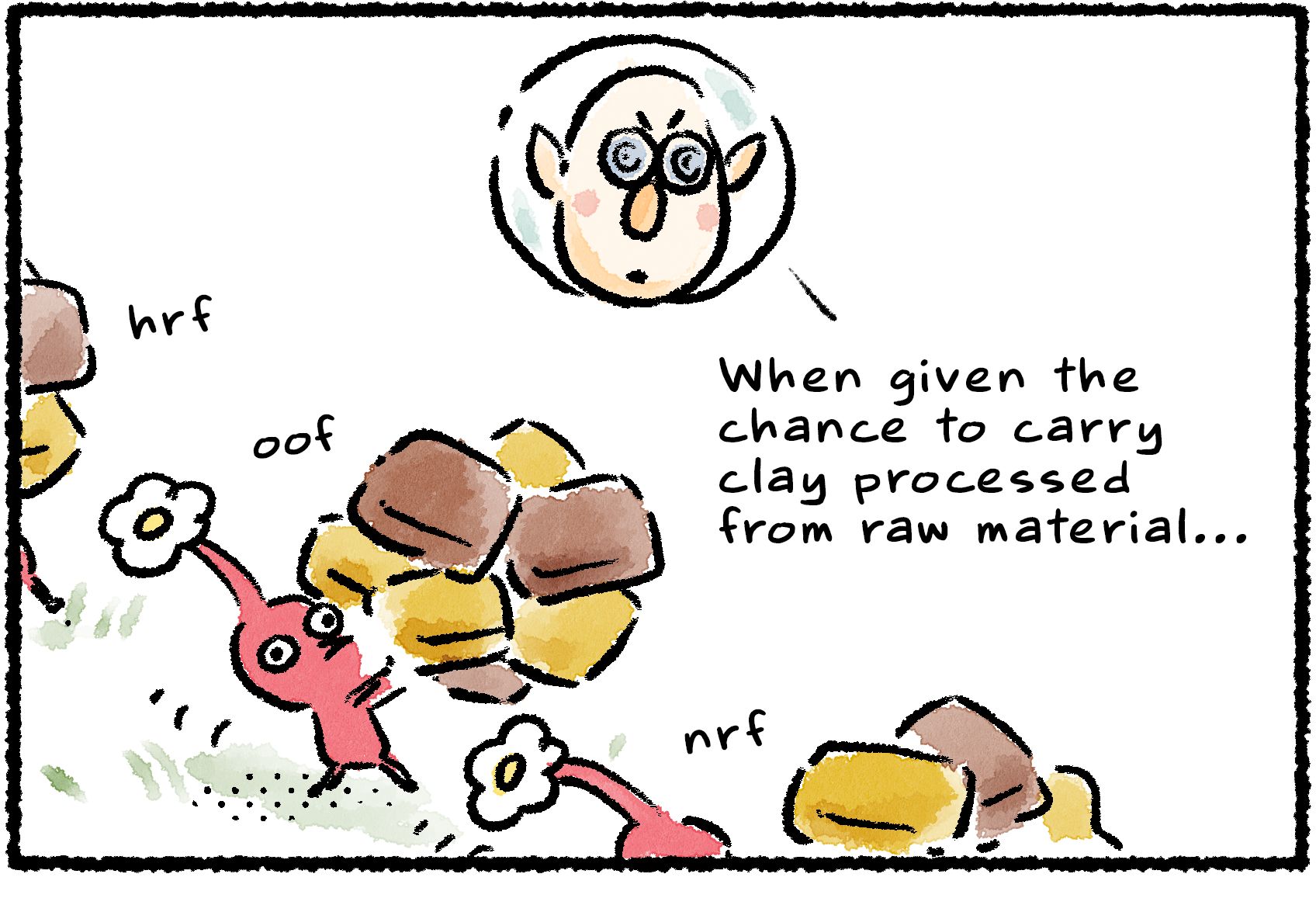 Panel one. Red Pikmin are carrying clay in a line. Russ, his face inset, explains: "When given the chance to carry clay processed from raw material..."