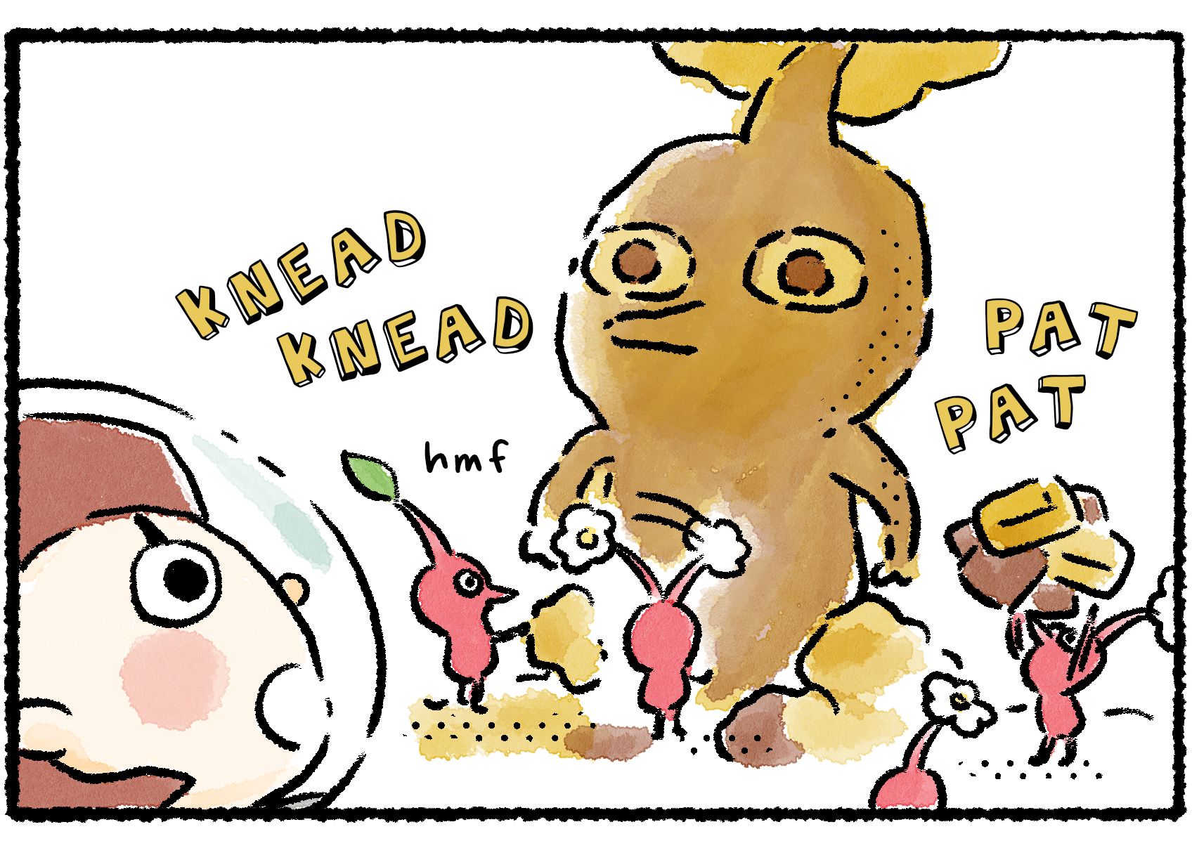 Panel three. The Rescue Officer stands agape as she sees that the Pikmin are not building a bridge, but a huge clay Pikmin effigy.