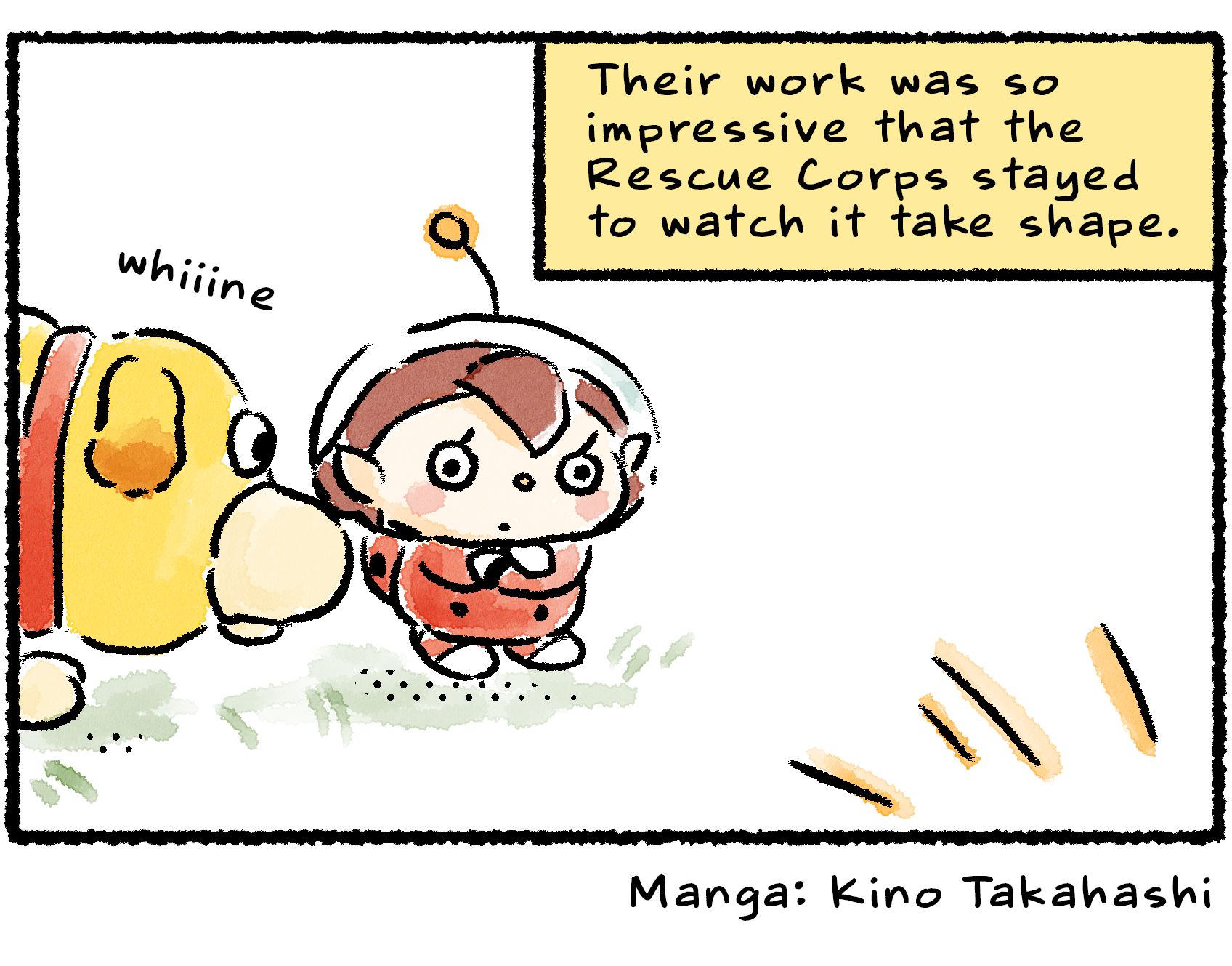 Panel four. The Rescue Officer watches in bemusement, while Oatchi lets out a confused whine. Narration reads, "Their work was so impressive that the Rescue Corps stayed to watch it take shape."