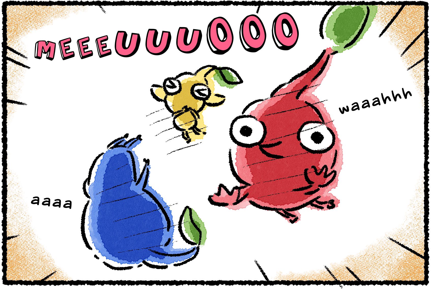 Panel one. A view from below as a Red, Yellow, and Blue Pikmin fall from on high. The Pikmin make panicked noises, their cries growing louder as they approach the ground.