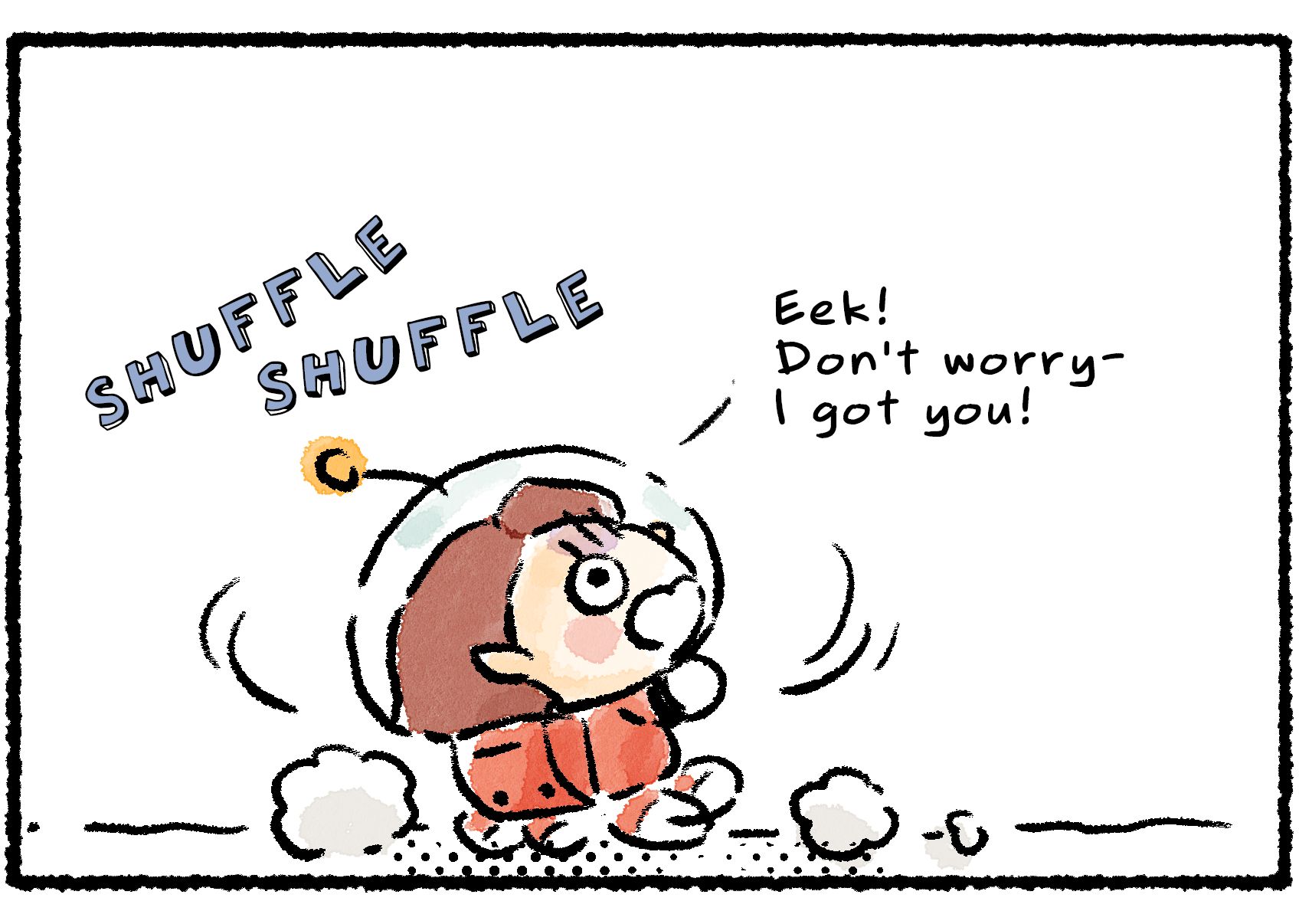 Panel two. A Rescue Officer hurries into position underneath the falling Pikmin. "Eek!" she says. "Don't worry—I got you!"