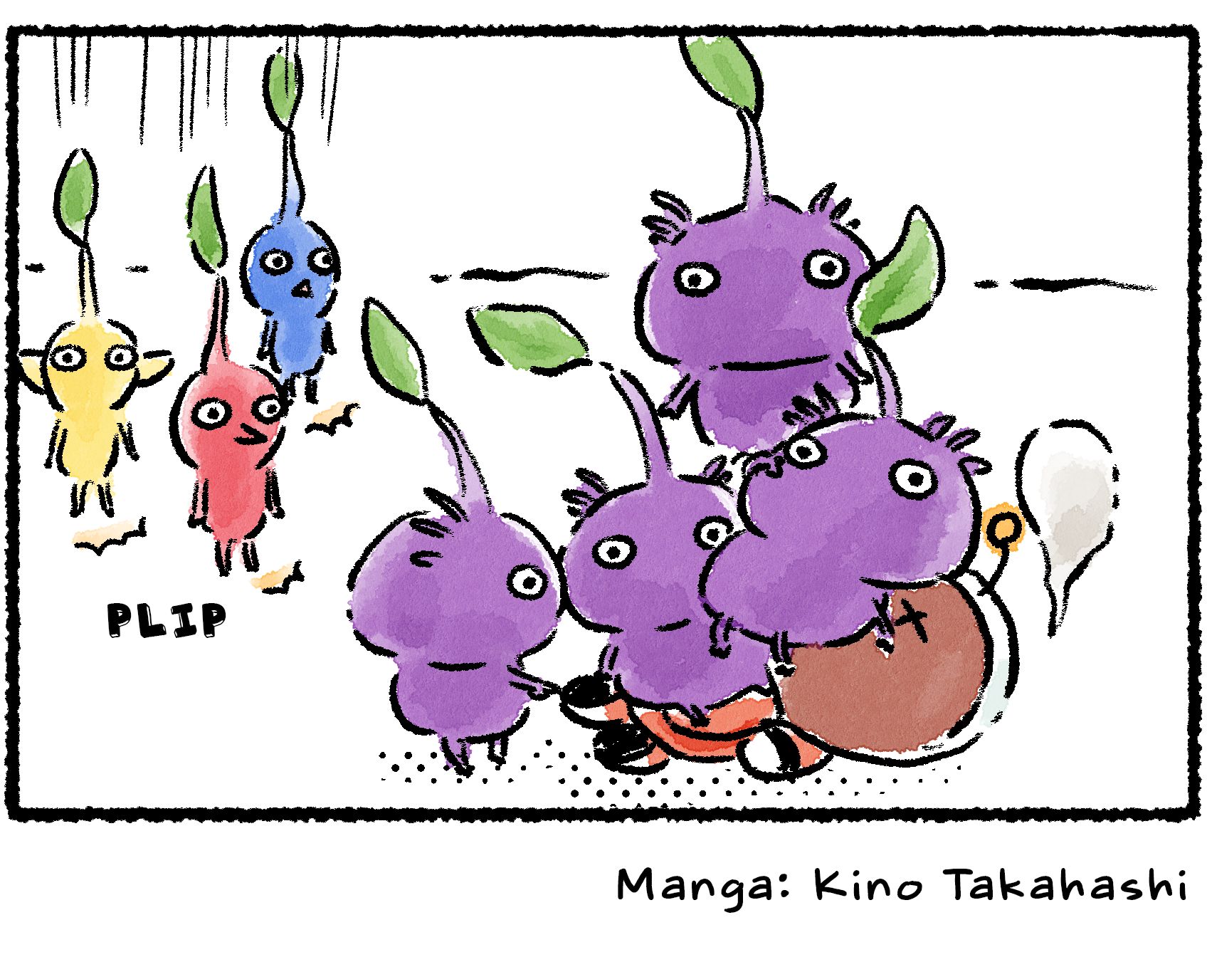 Panel four. The Red, Blue, and Yellow Pikmin land  softly nearby and observe the Rescue Officer lying under a pile of Purple Pikmin.