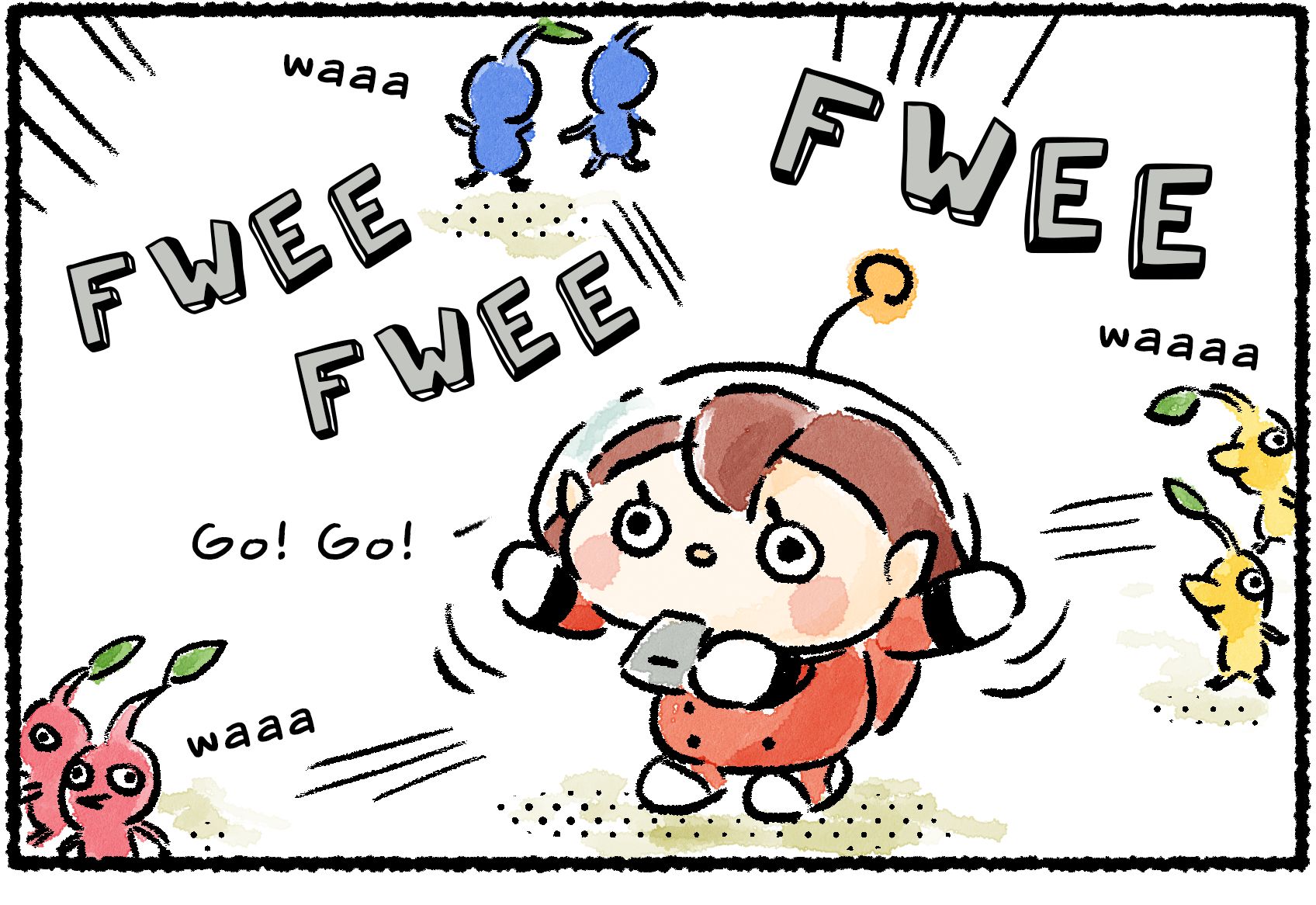 Panel one. A Rescue Officer enthusiastically blows her whistle and gives orders to her Pikmin. "Go! Go!" The Pikmin scatter to follow her commands.