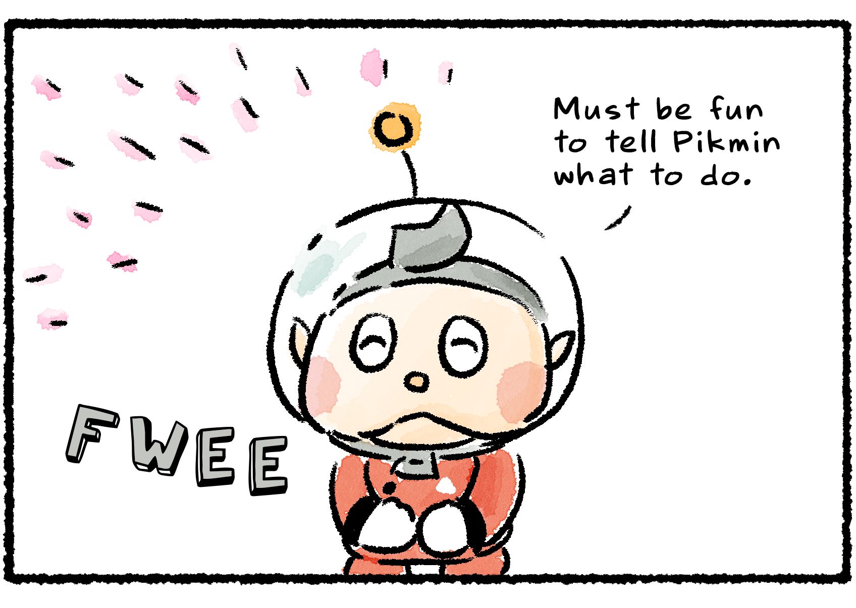 Panel two. Collin watches the action of the previous panel with an envious smile. "Must be fun to tell Pikmin what to do," he says to himself.