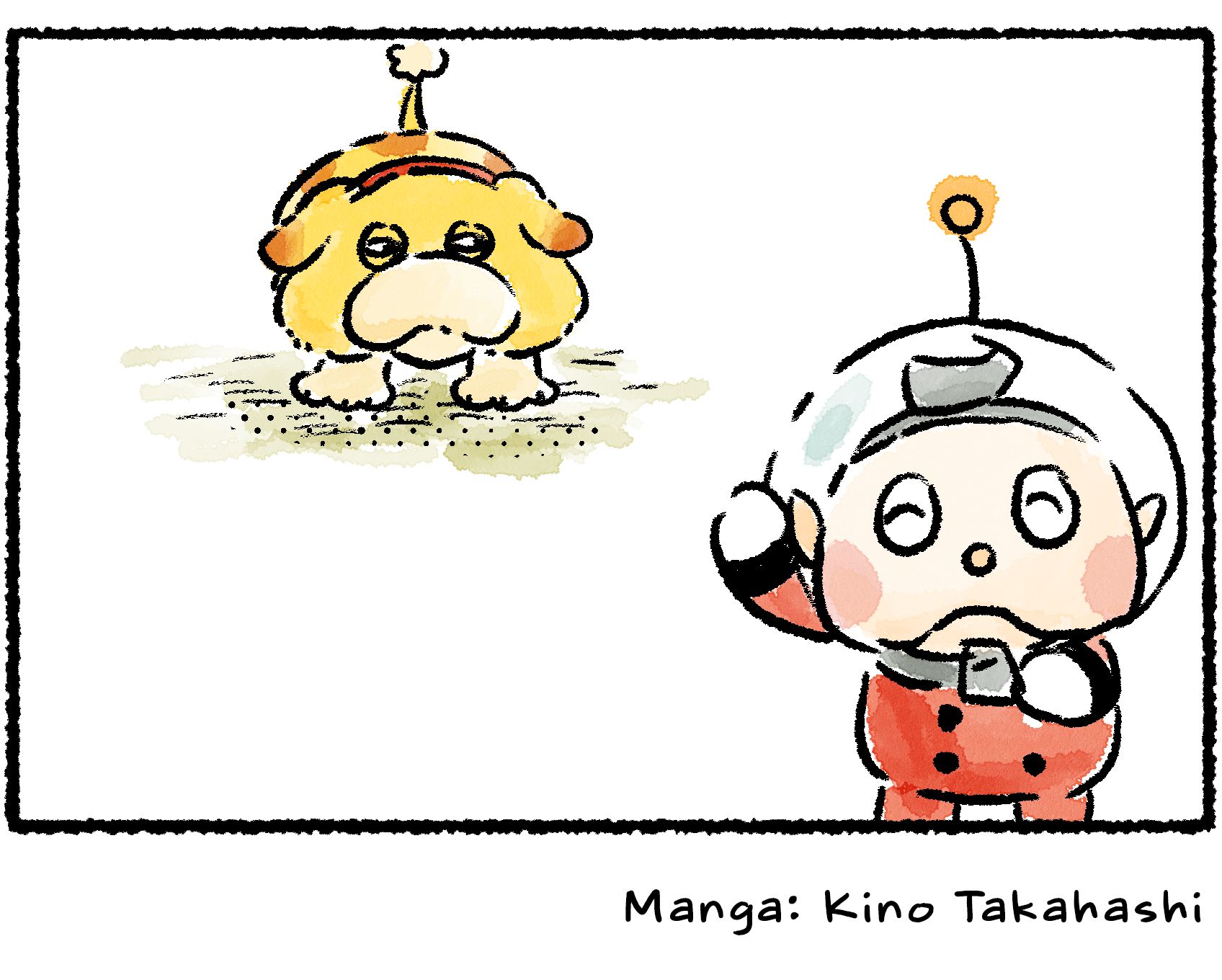 Panel four. Oatchi is squinting at Collin's back as Collin gives orders to his pretend Pikmin.