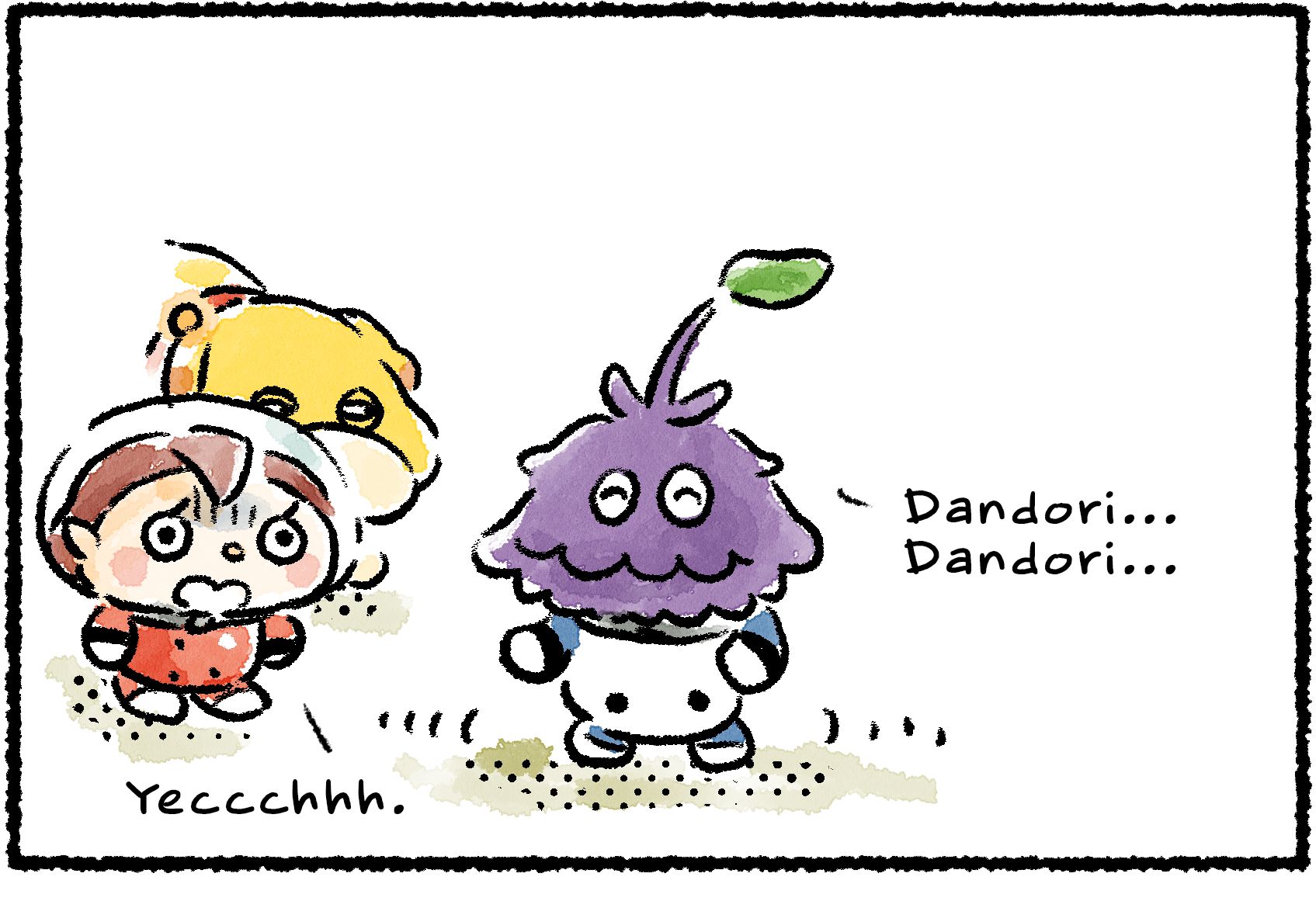 Panel one. A Rescue Officer says "Yeccchhh" as she and Oatchi encounter a Leafling that won't stop saying "Dandori..."