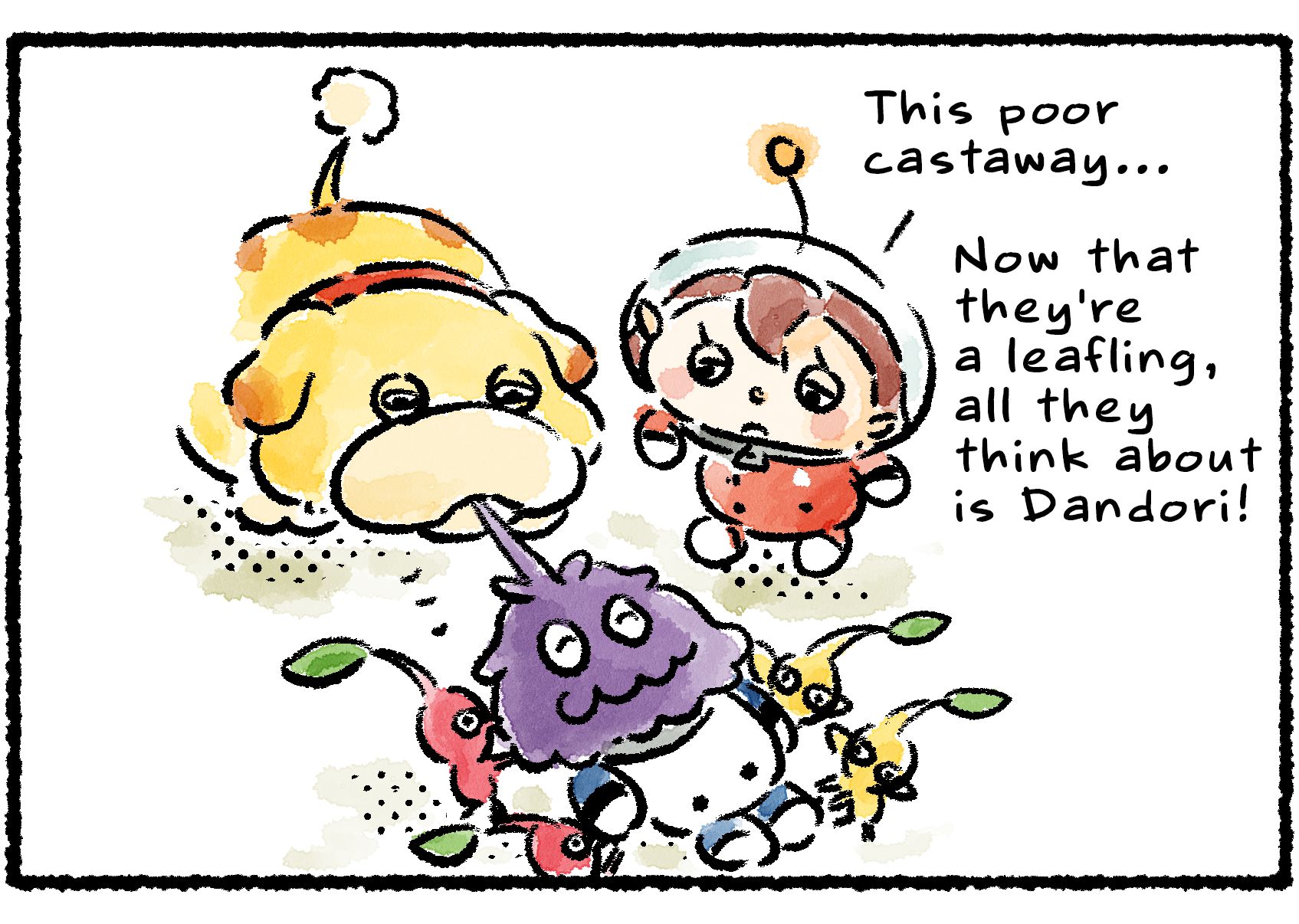 Panel two. "This poor castaway," the Rescue Officer says, as Oatchi and the Pikmin carry the Leafling. "All they think about is Dandori!"