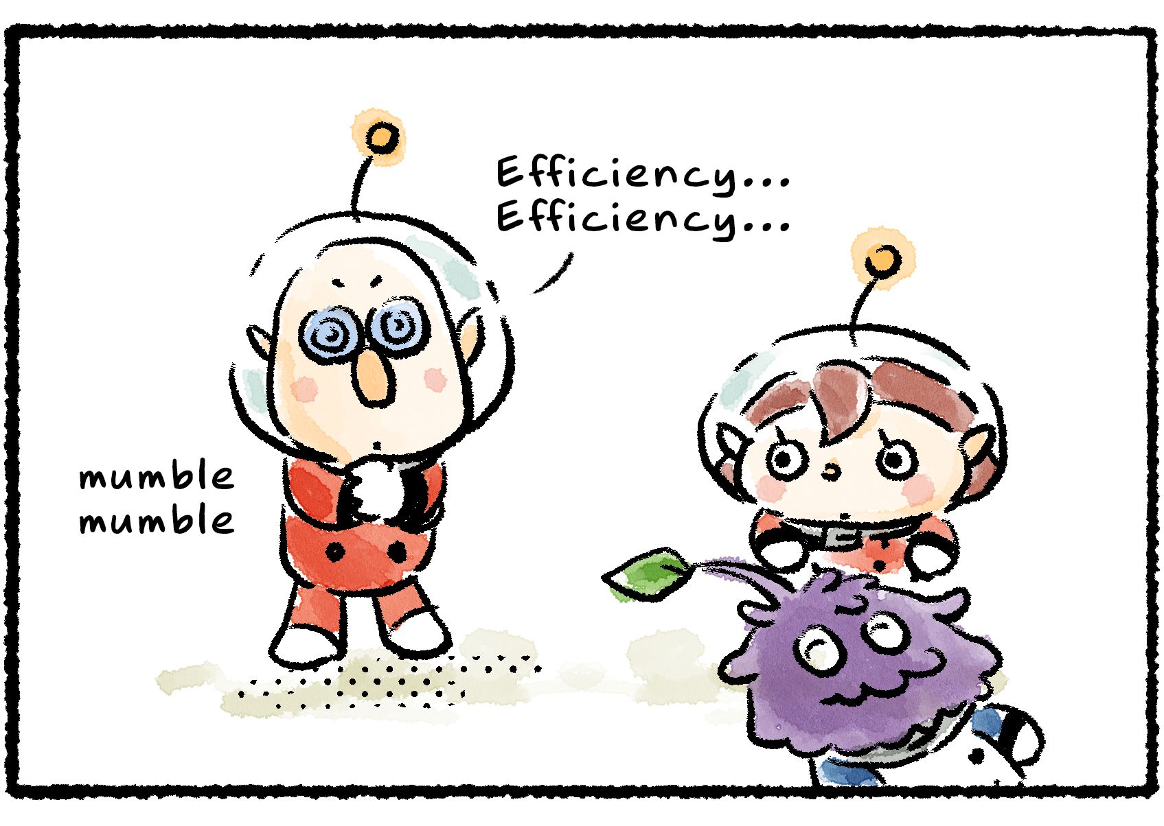 Panel three. The Rescue Officer approaches Russ, with the Leafling in tow. Russ is mumbling to himself, "Efficiency... Efficiency..."