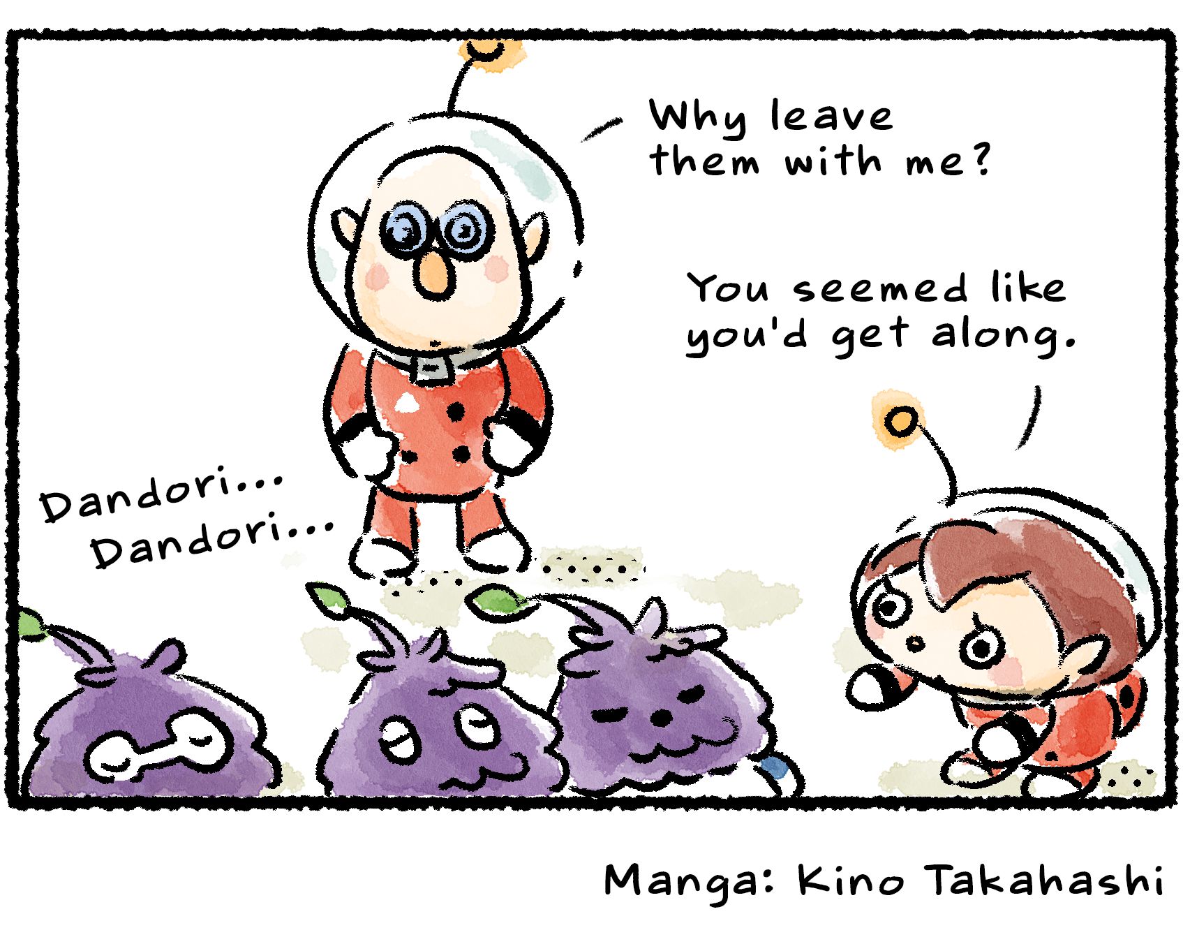 Panel four. The Rescue Officer has now left several Leaflings, who are all mumbling "Dandori," in front of Russ. "Why leave them with me?" Russ asks her. The Rescue Officer replies, "You seemed like you'd get along."