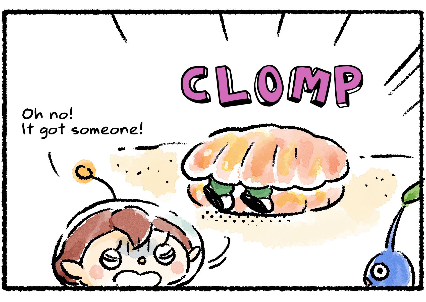 Panel two. The Rescue Officer gapes in horror as the Pearly Clamclamp slams shut with a CLOMP, with someone's feet sticking out through the shell. "Oh no!" the Rescue Officer says. "It got someone!"