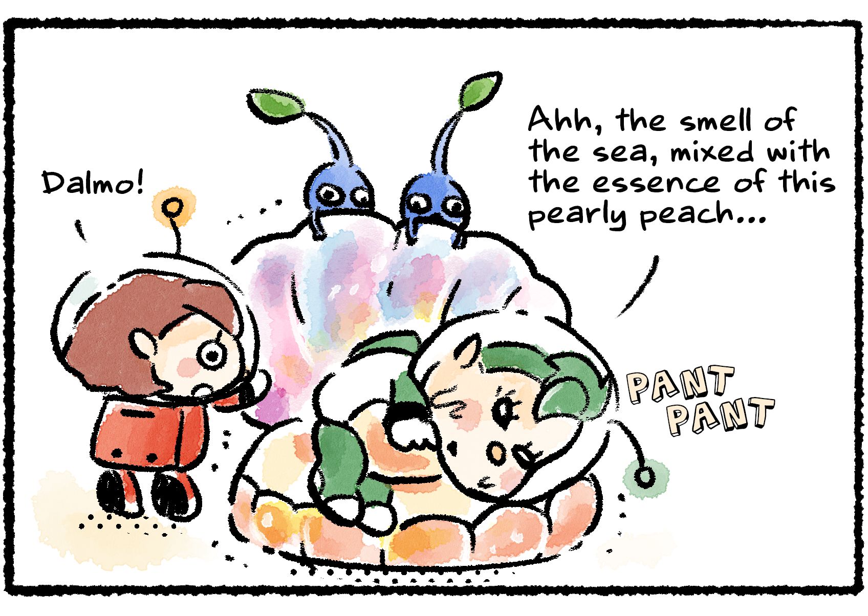 Panel three. The Pikmin open the Pearly Clamclamp's shell, revealing Dalmo clinging to its pearl. "Ahh, the smell of the sea, mixed with the essence of this pearly peach..." The Rescue Officer calls his name, but Dalmo doesn't answer.