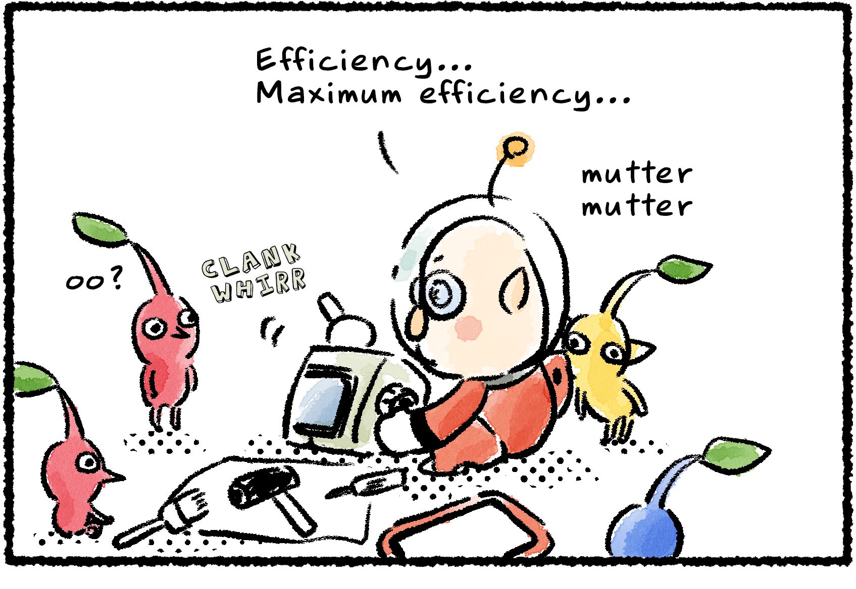 Panel one. Russ sits on the ground, working on some machinery and muttering to himself. "Efficiency... Maximum efficiency..." Nearby Pikmin watch his work with interest. A Yellow Pikmin nudges up against him.