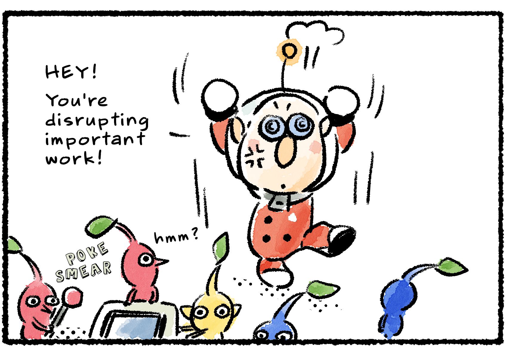 Panel two. As the Pikmin poke and prod at his machinery, Russ jumps up, raises his hands, and angrily stomps his feet. "HEY!" he says to the Pikmin. "You're disrupting important work!"