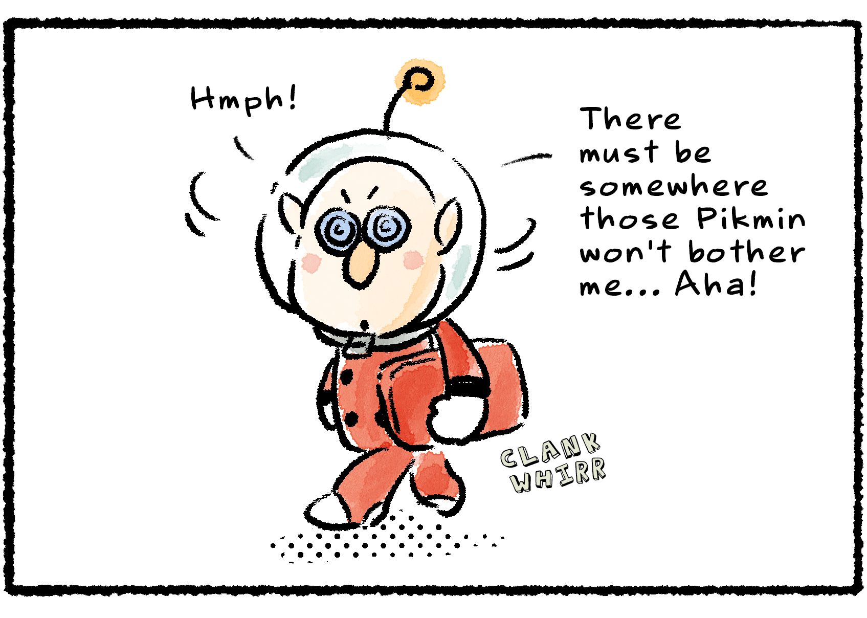 Panel three. Russ walks off on his own, looking around for a better spot to do his work. "There must be somewhere those Pikmin won't bother me... Aha!"