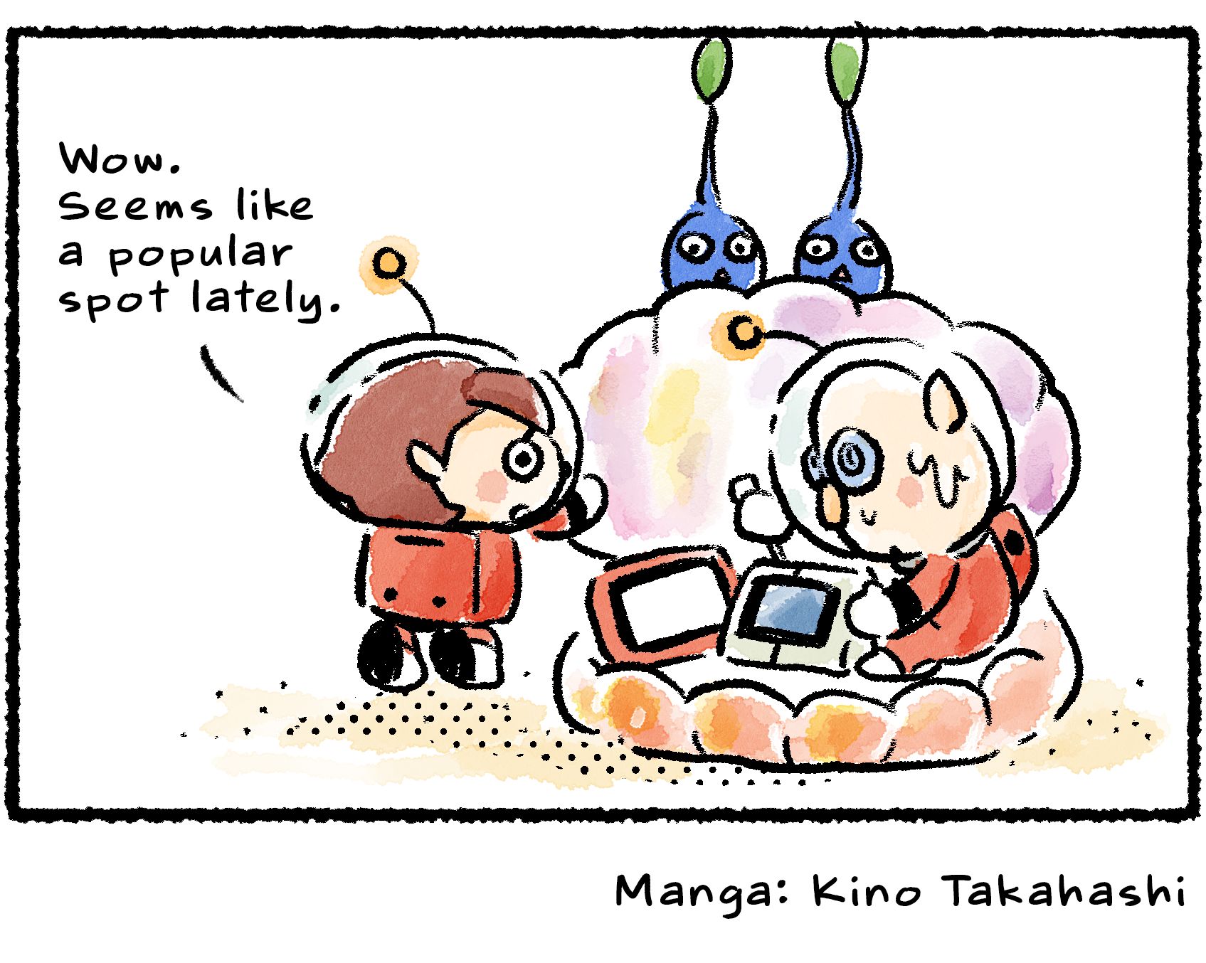 Panel four. Two Blue Pikmin pull back the shell of a Pearly Clamclamp to reveal Russ working inside. "Wow," a nearby Rescue Officer says. "Seems like a popular spot lately." This must be the same Pearly Clamclamp she found Dalmo in before.