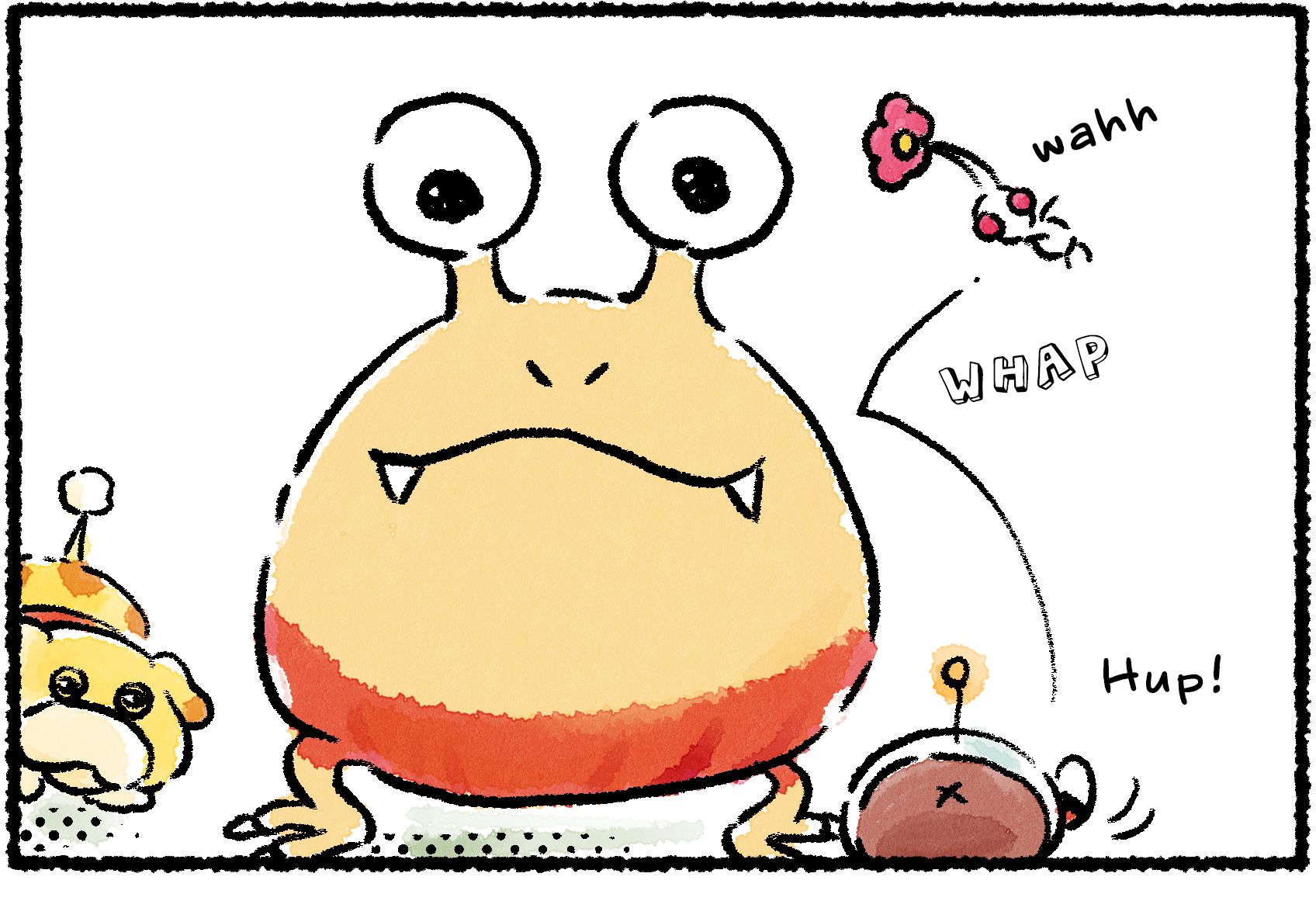 Panel one. Oatchi looks on as a Rescue Officer flings a White Pikmin at a Bulborb. The White Pikmin bounces off the Bulborb harmlessly.