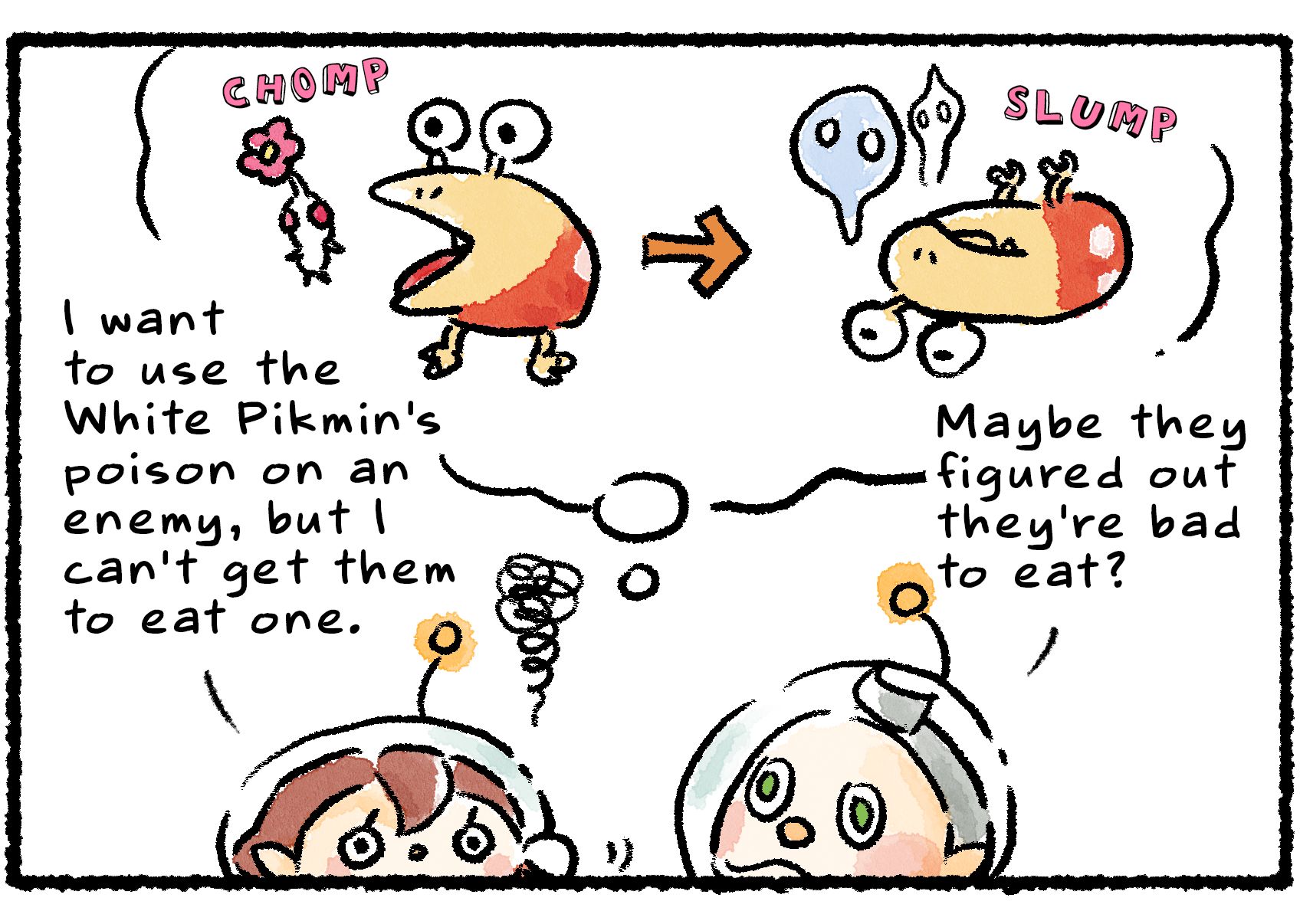 Panel two. "I want to use the White Pikmin's poison on an enemy," the Rescue Officer says to Collin, "but I can't get them to eat one." The Rescue Officer is imagining a Bulborb swallowing a White Pikmin and then keeling over.