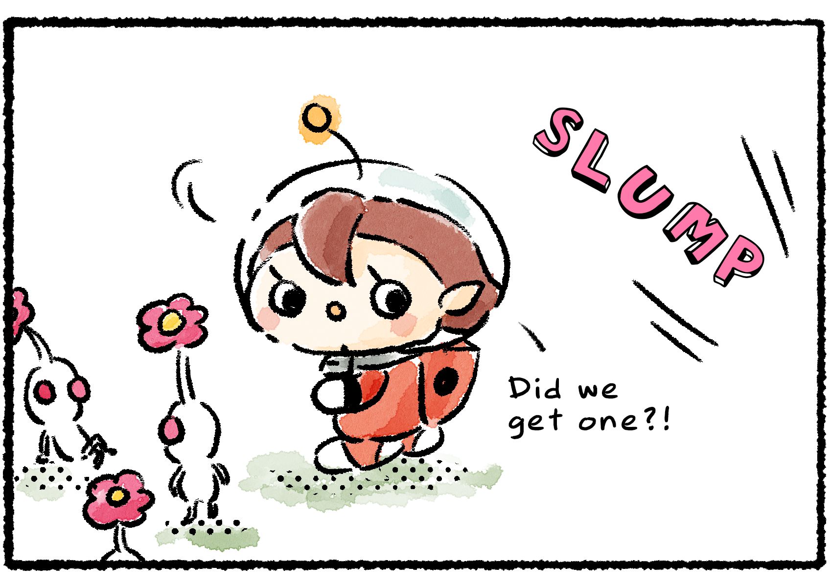 Panel three. The Rescue Officer and several White Pikmin turn around as they hear the slumping sound of someone falling over. "Did we get one?!"