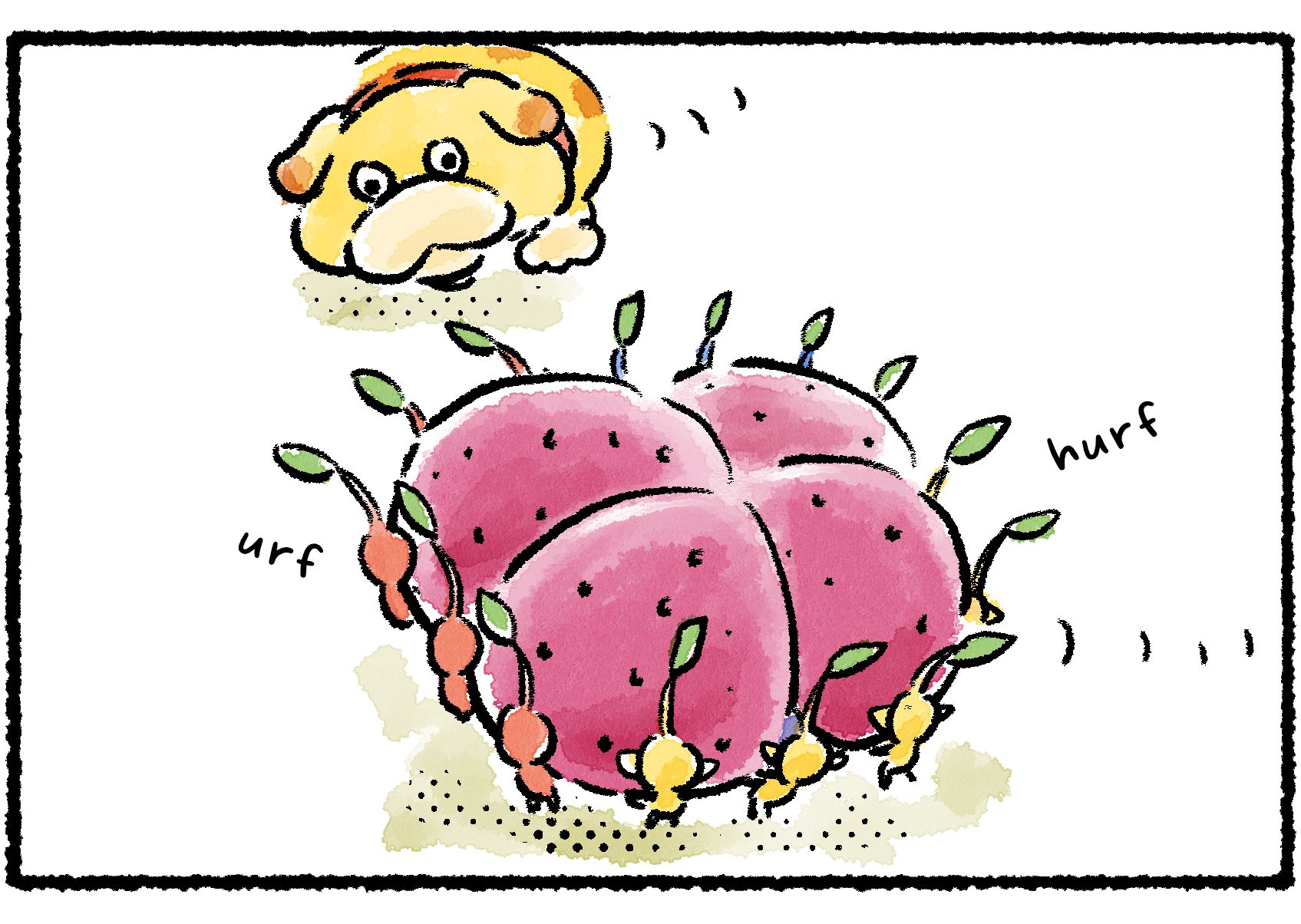 Panel two. Oatchi approaches the Pikmin, who have the Porquillion completely encircled. He angles for room to join in and help.