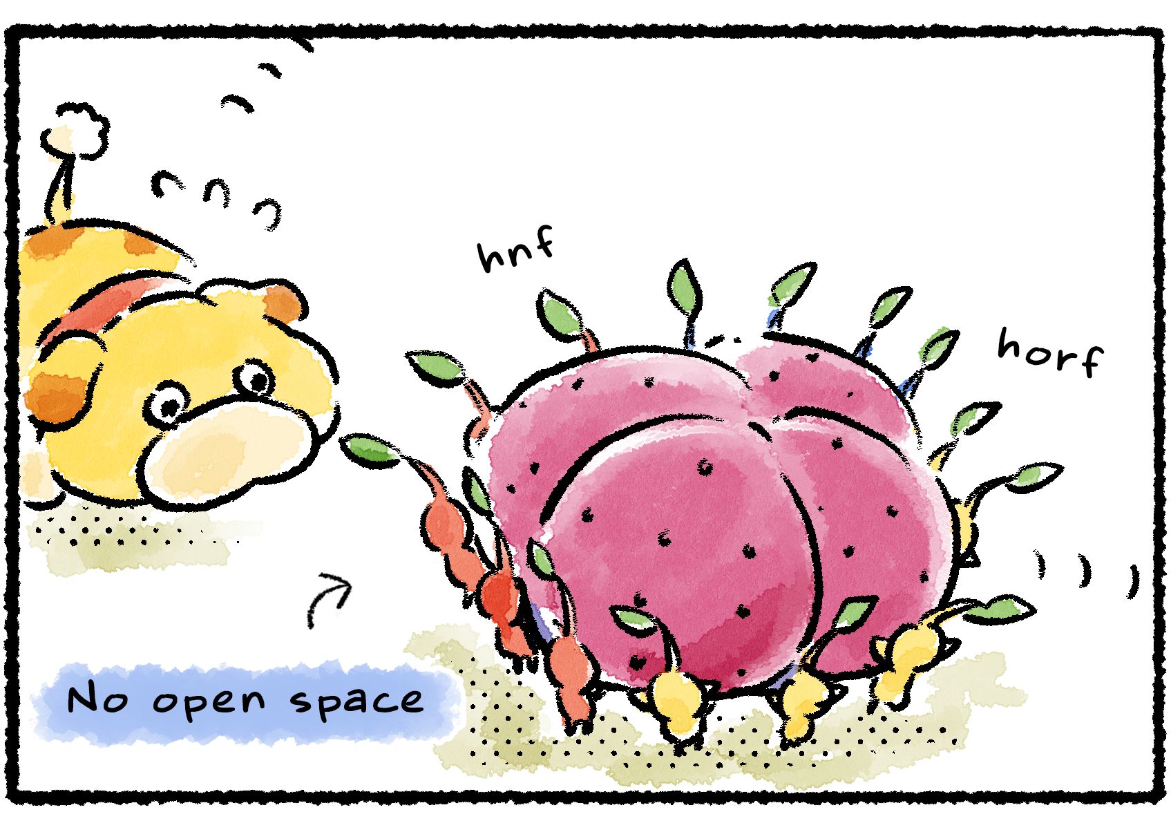 Panel three. Oatchi makes some frustrated noises as he circles around the Pikmin, unable to find room for himself. Descriptive text reads, "No open space".