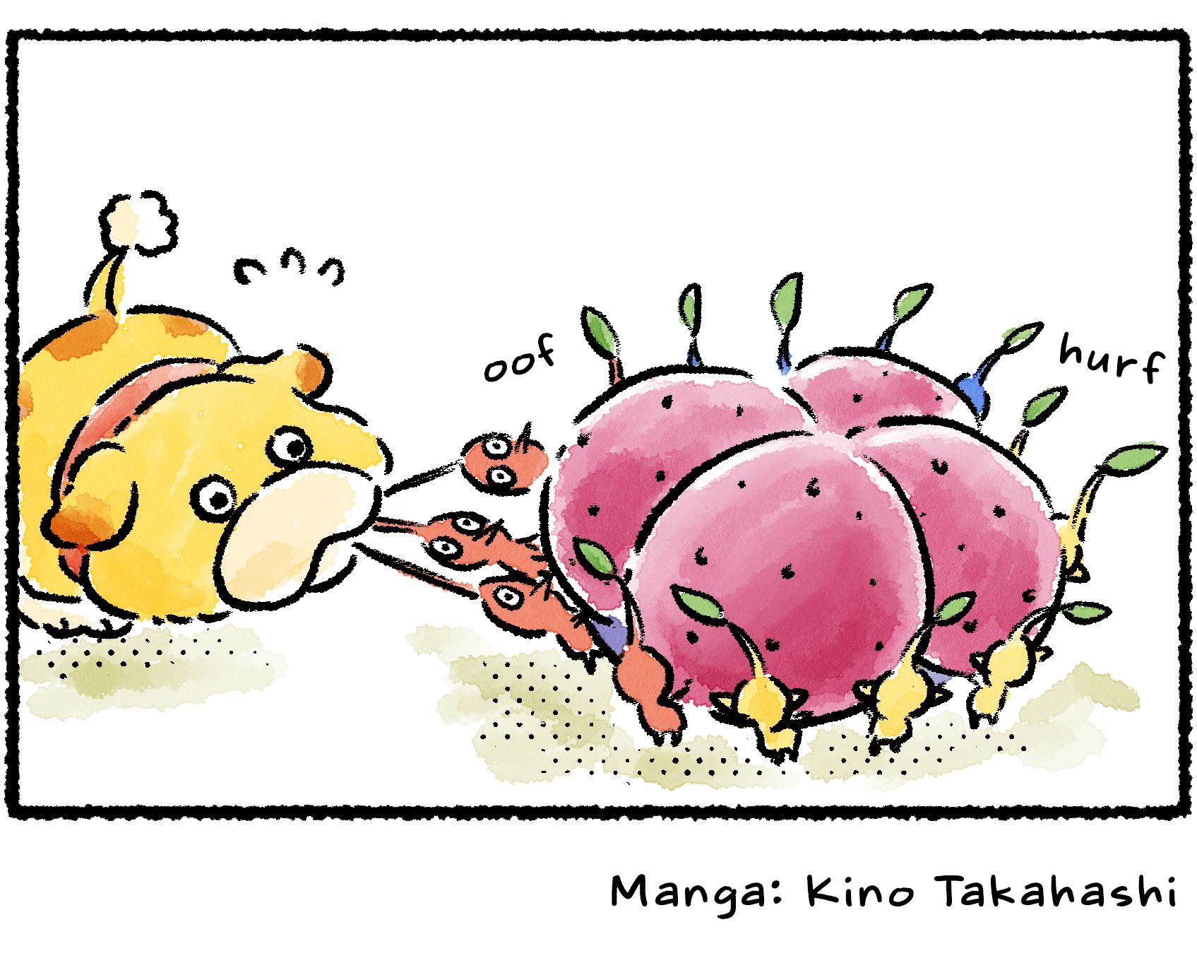 Panel four. Oatchi grabs several Pikmin stems in his mouth and pulls. Since he can't reach the Porquillion directly, he's decided to pull on the Pikmin carrying it instead.