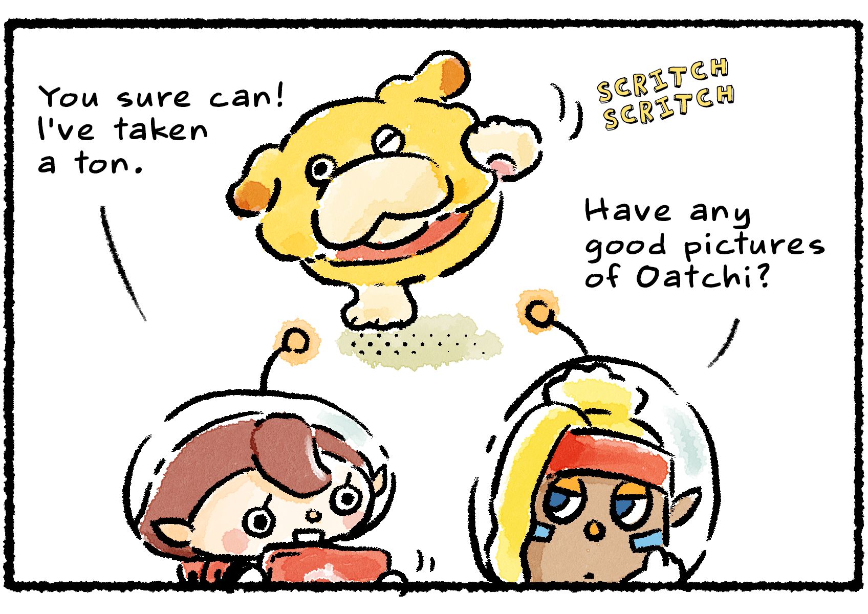 Panel two. "Have any good pictures of Oatchi?" Shepherd asks. "You sure can!" the Rescue Officer says. "I've taken a ton." Oatchi scritches his ear with one paw.