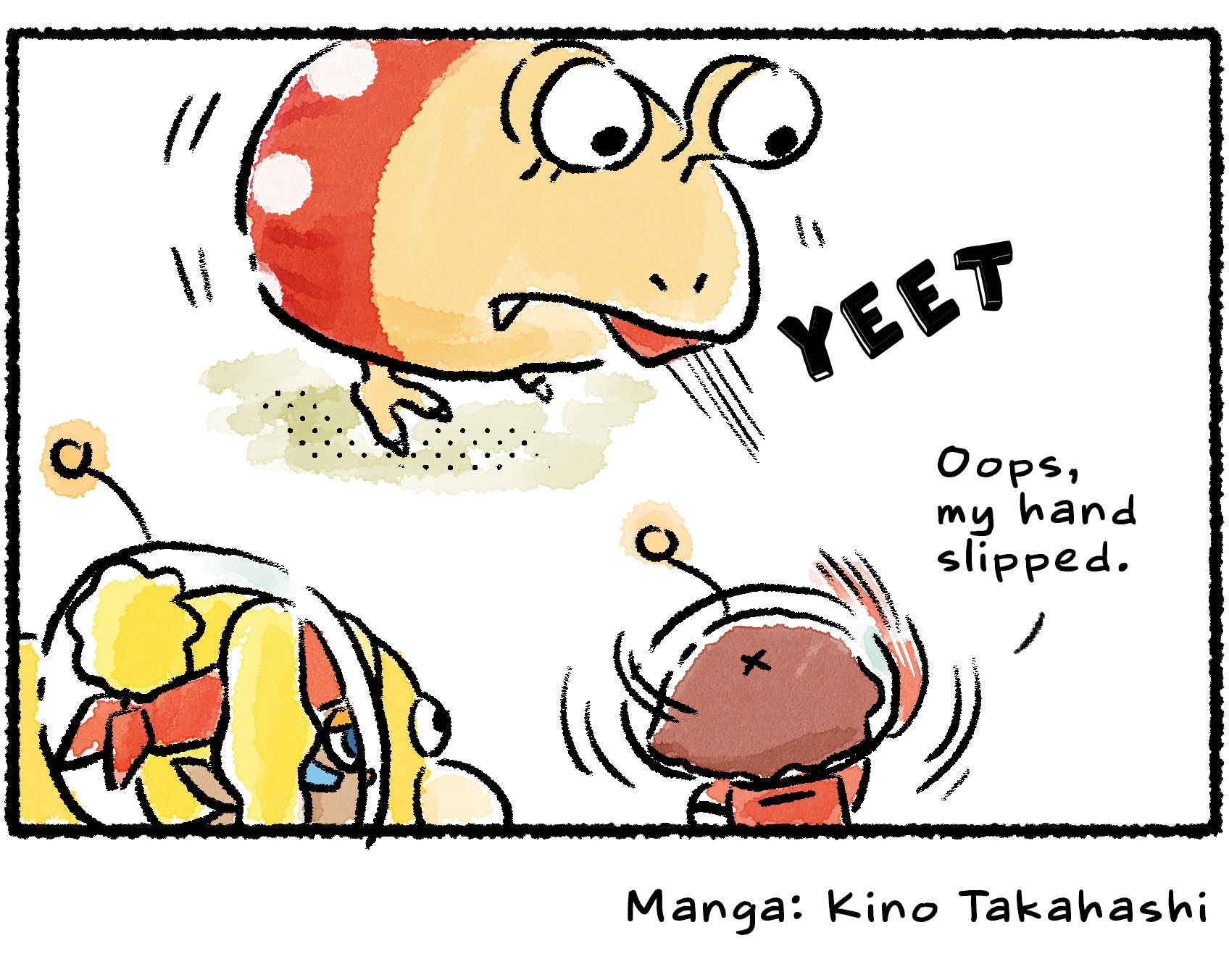 Panel four. Shepherd and Oatchi stare as the Rescue Officer accidentally flings the tablet right into the mouth of a nearby Bulborb. "Oops," she says, "my hand slipped."