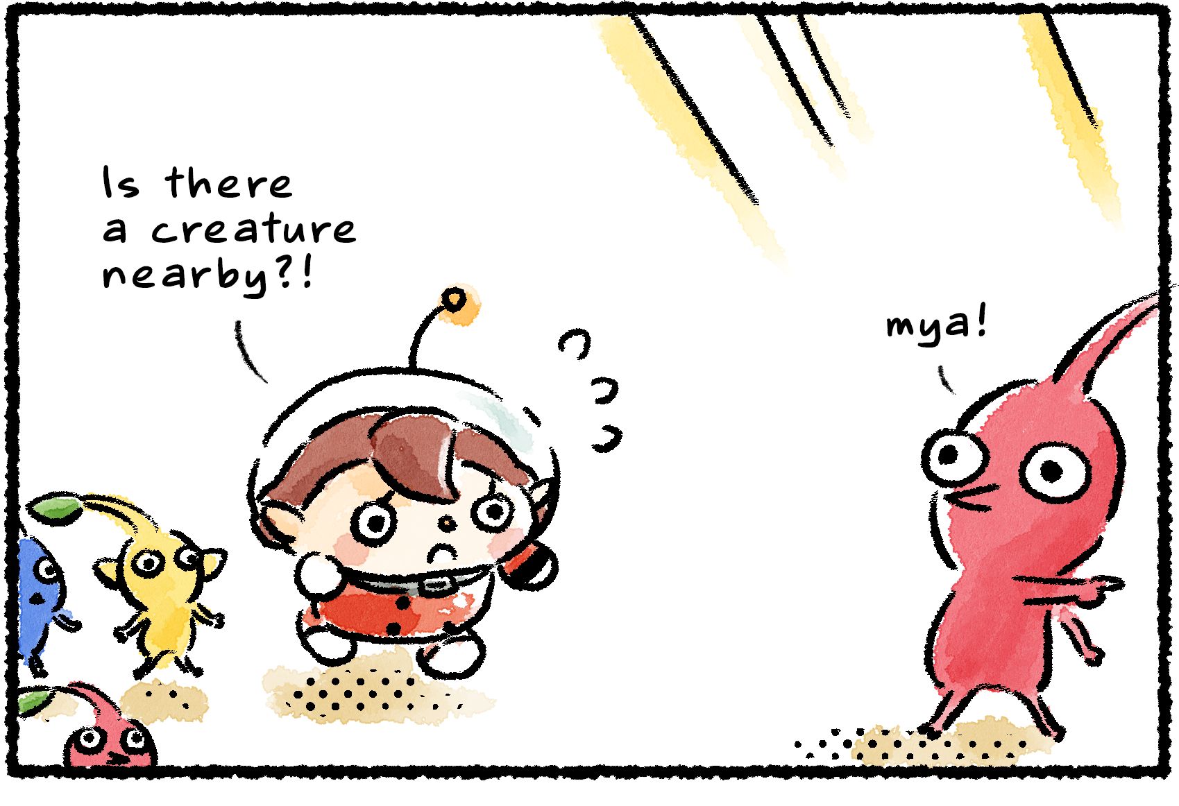 Panel one. A Red Pikmin points anxiously to the side, and a Rescue Officer and several other Pikmin leap into action. "Is there a creature nearby?!"